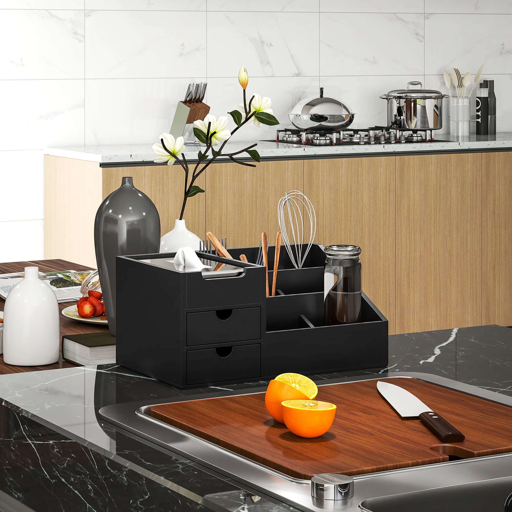 HOMCOM Organiser Holder Multi-Function Storage Caddy Drawers Black - Image 8