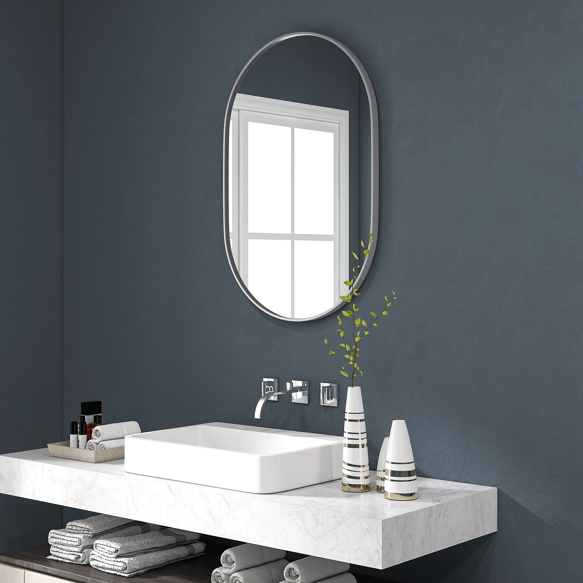 HOMCOM Oval Bathroom Mirror, Modern Wall Tempered Glass Mirror, 60 x 90cm - Image 2