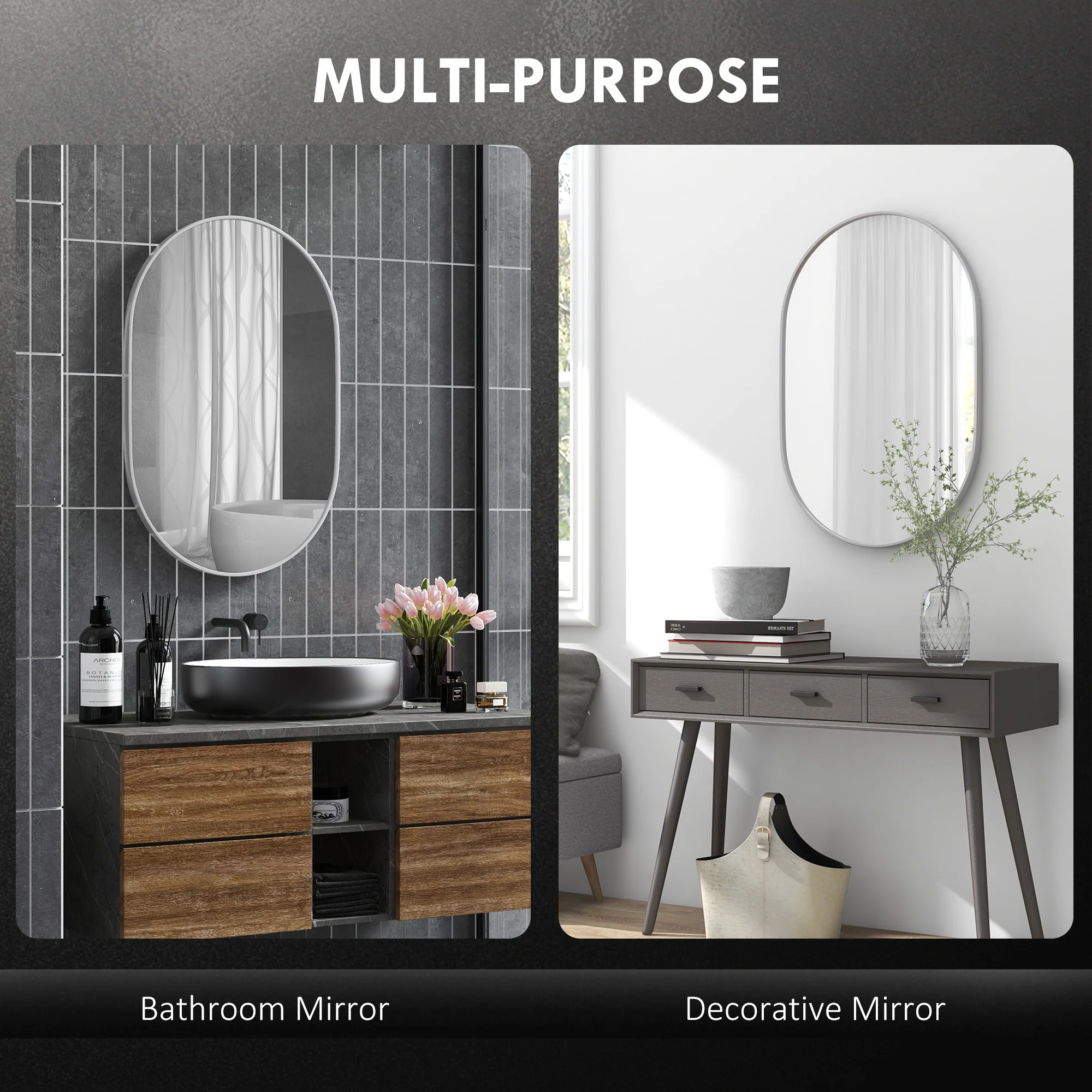 HOMCOM Oval Bathroom Mirror, Modern Wall Tempered Glass Mirror, 60 x 90cm - Image 3