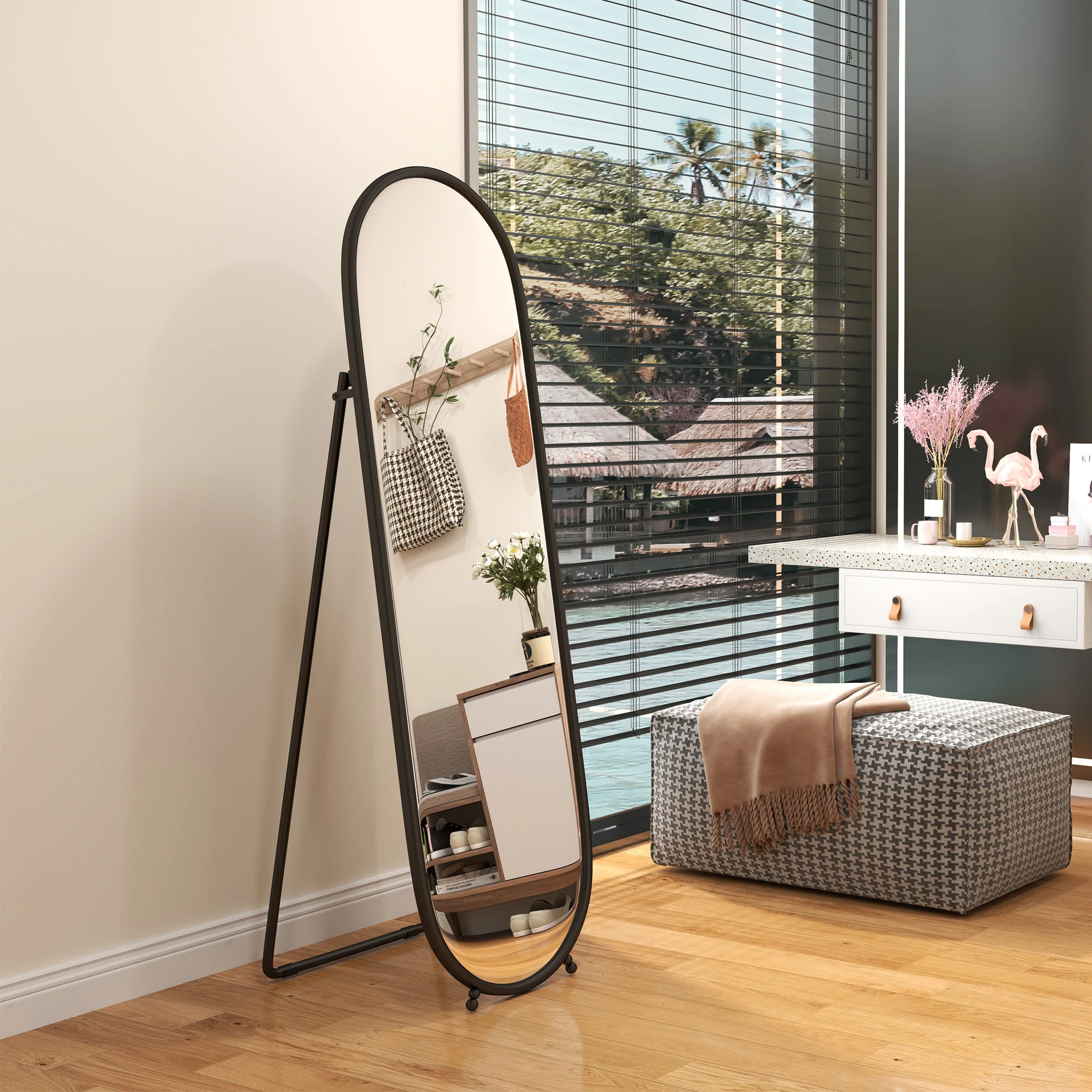 HOMCOM Oval Full Length Mirror With Metal Frame Hanging Or Leaning Black - Image 2