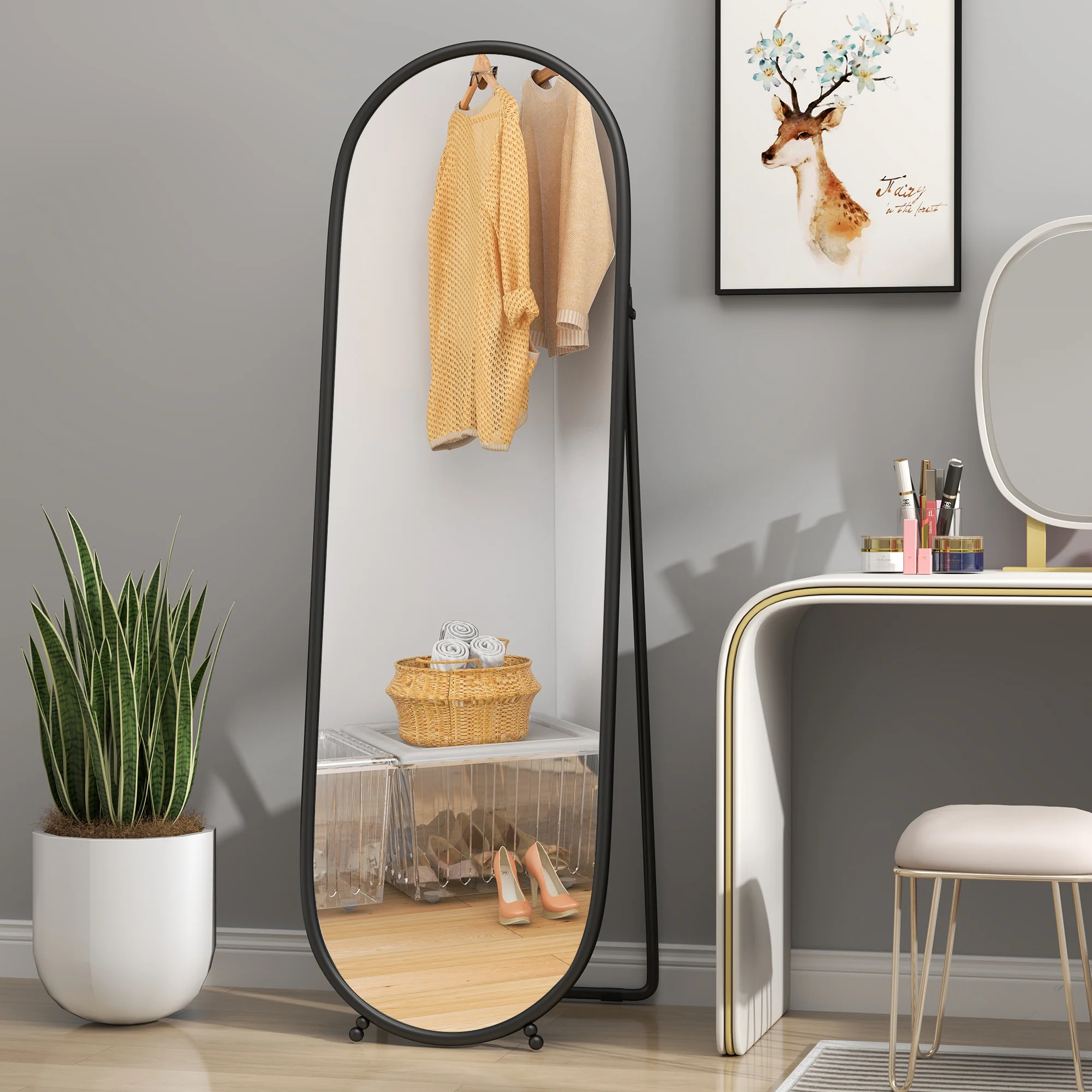 HOMCOM Oval Full Length Mirror With Metal Frame Hanging Or Leaning Black - Image 7