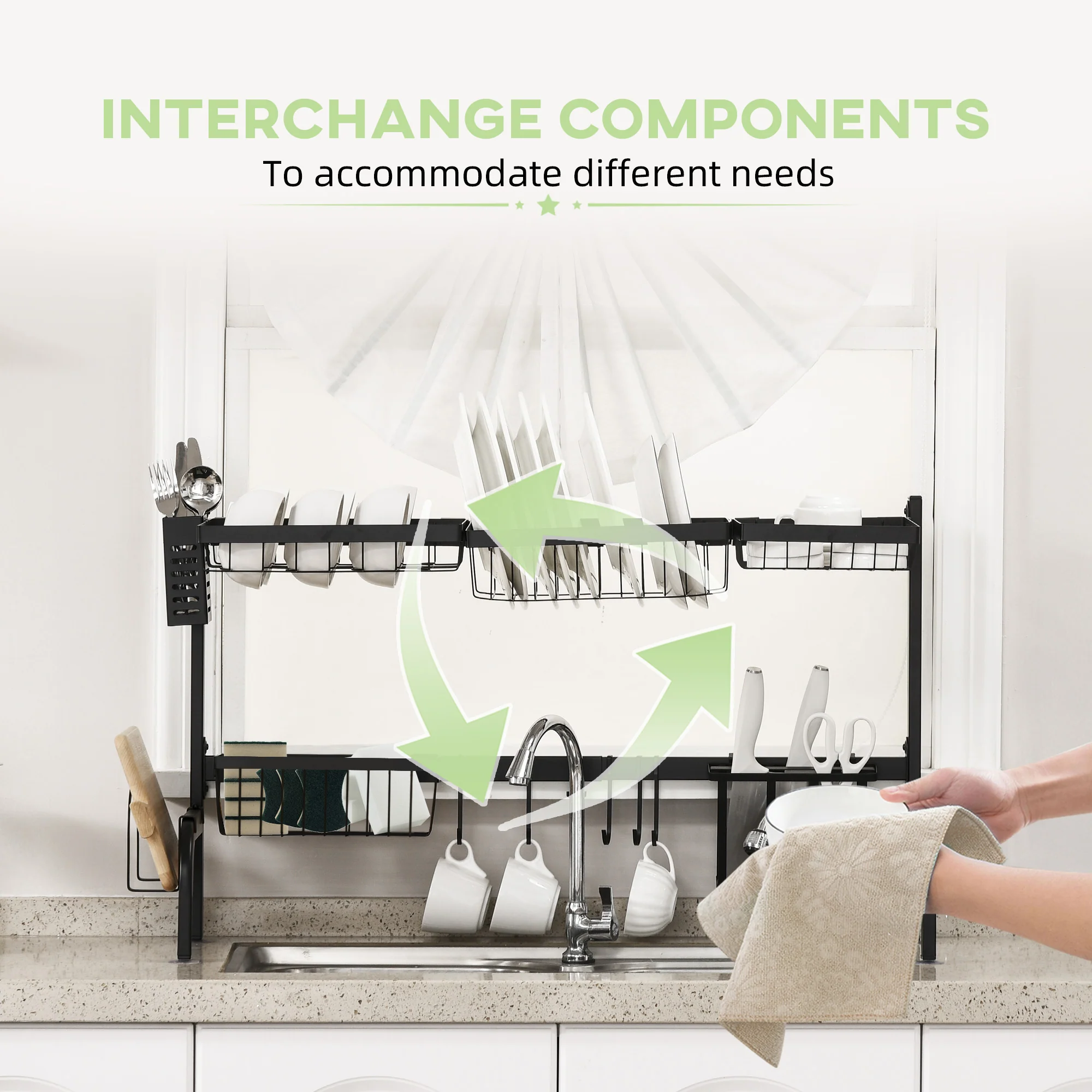 HOMCOM Over The Sink Dish Drying Rack, 2 Tier Adjustable Dish Drainer Black - Image 6