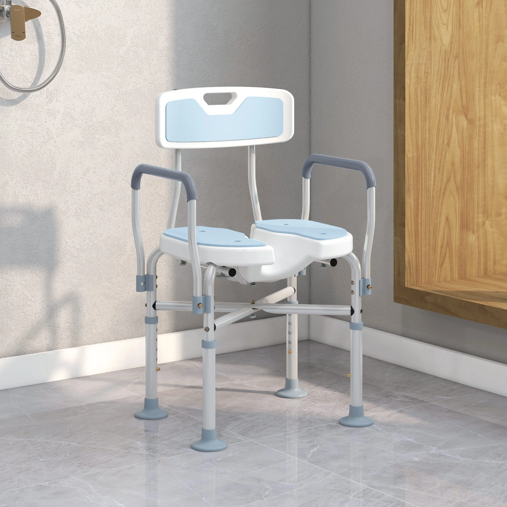 HOMCOM Padded Bath Chair with Slotted Seat and Adjustable Height, Light Blue - Image 2