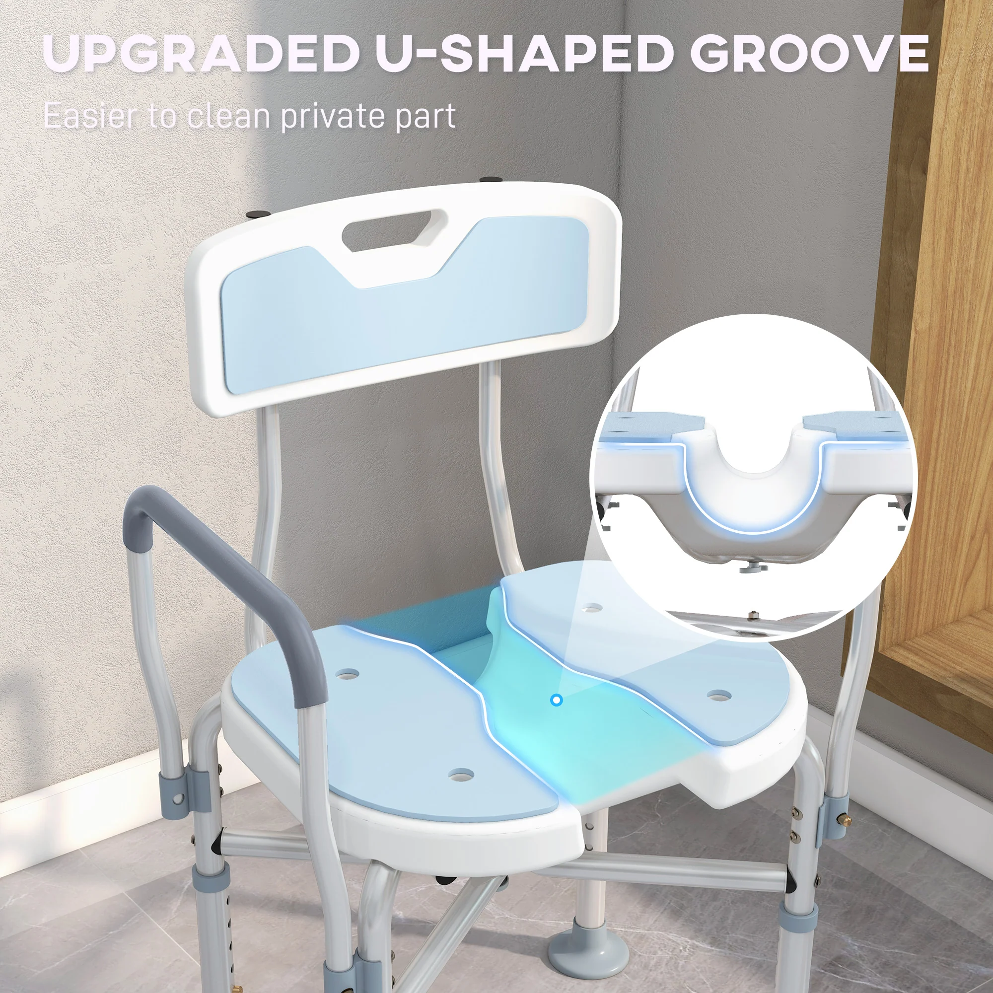 HOMCOM Padded Bath Chair with Slotted Seat and Adjustable Height, Light Blue - Image 3