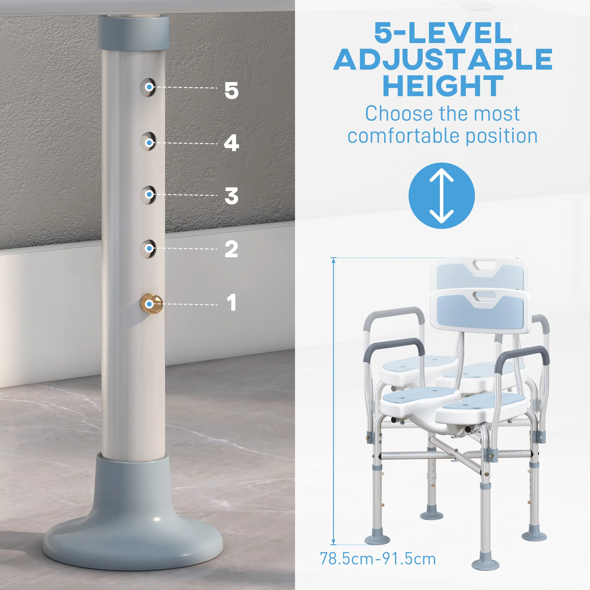HOMCOM Padded Bath Chair with Slotted Seat and Adjustable Height, Light Blue - Image 4