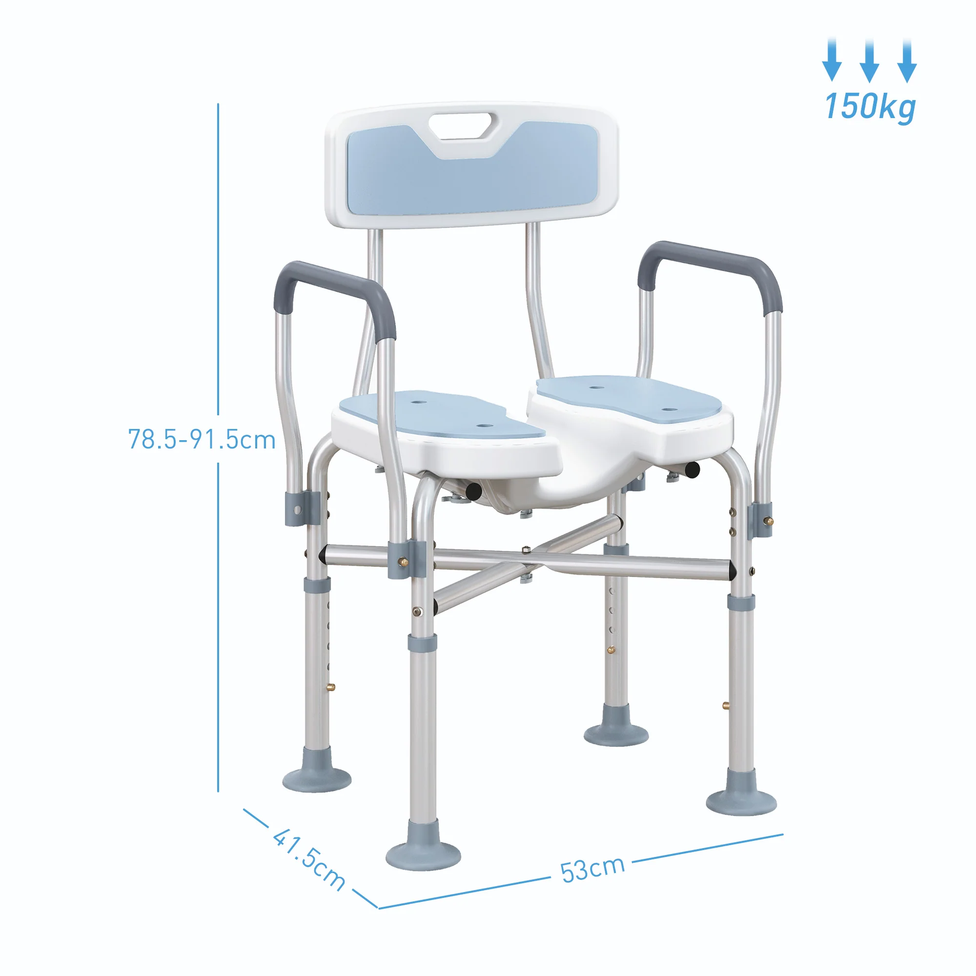 HOMCOM Padded Bath Chair with Slotted Seat and Adjustable Height, Light Blue - Image 5