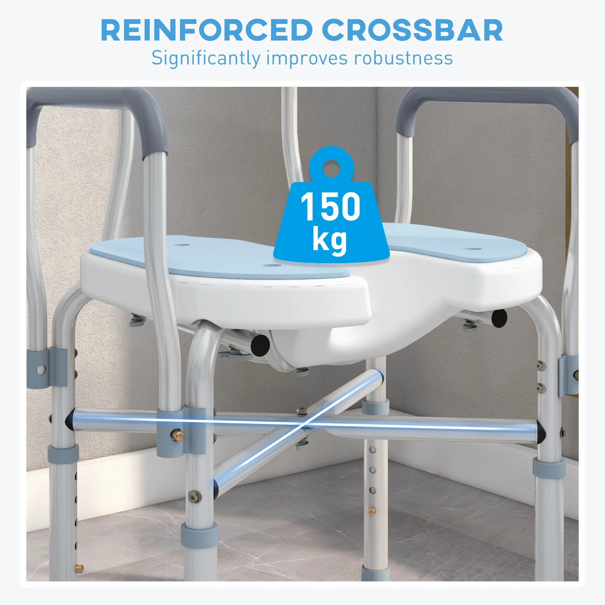 HOMCOM Padded Bath Chair with Slotted Seat and Adjustable Height, Light Blue - Image 6