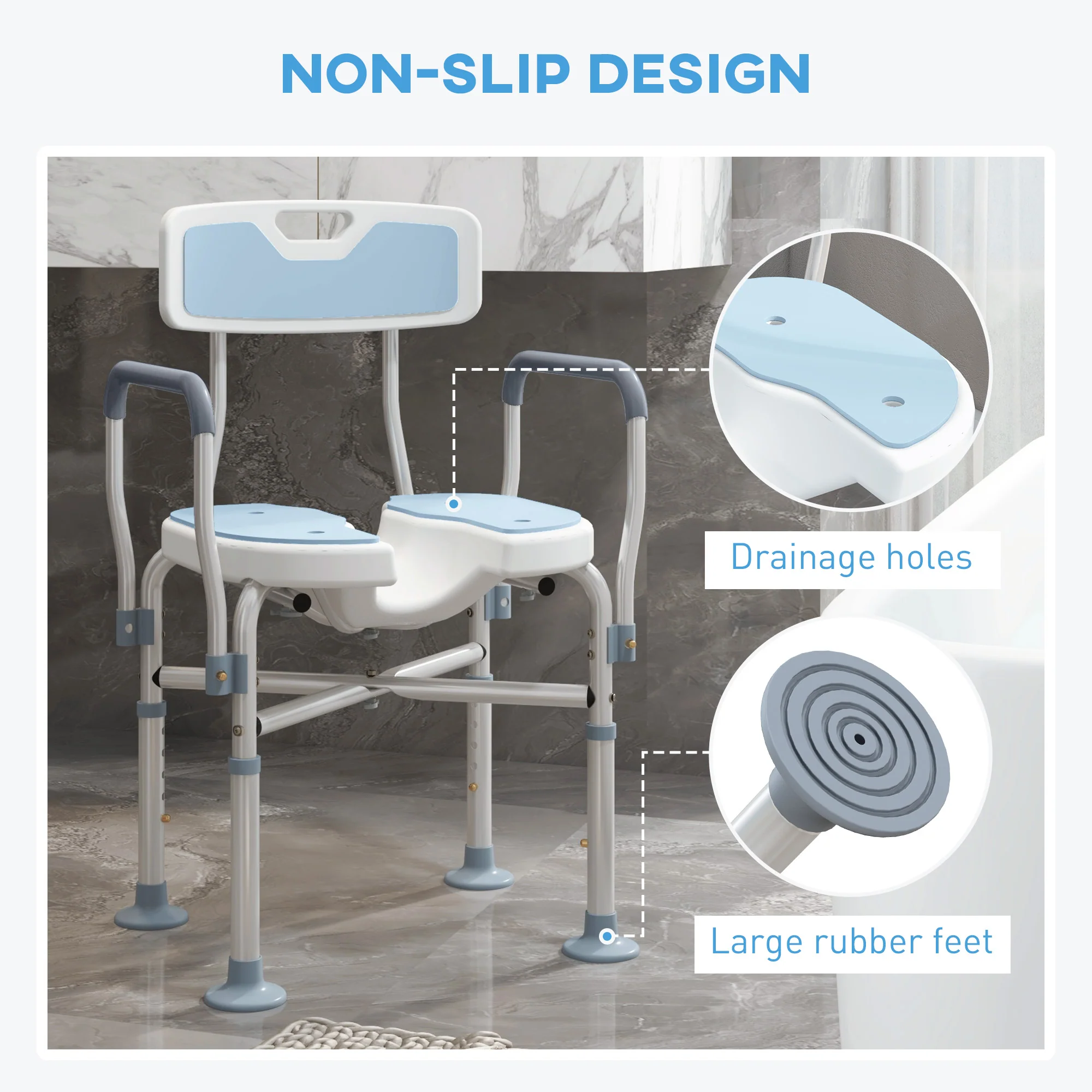 HOMCOM Padded Bath Chair with Slotted Seat and Adjustable Height, Light Blue - Image 7