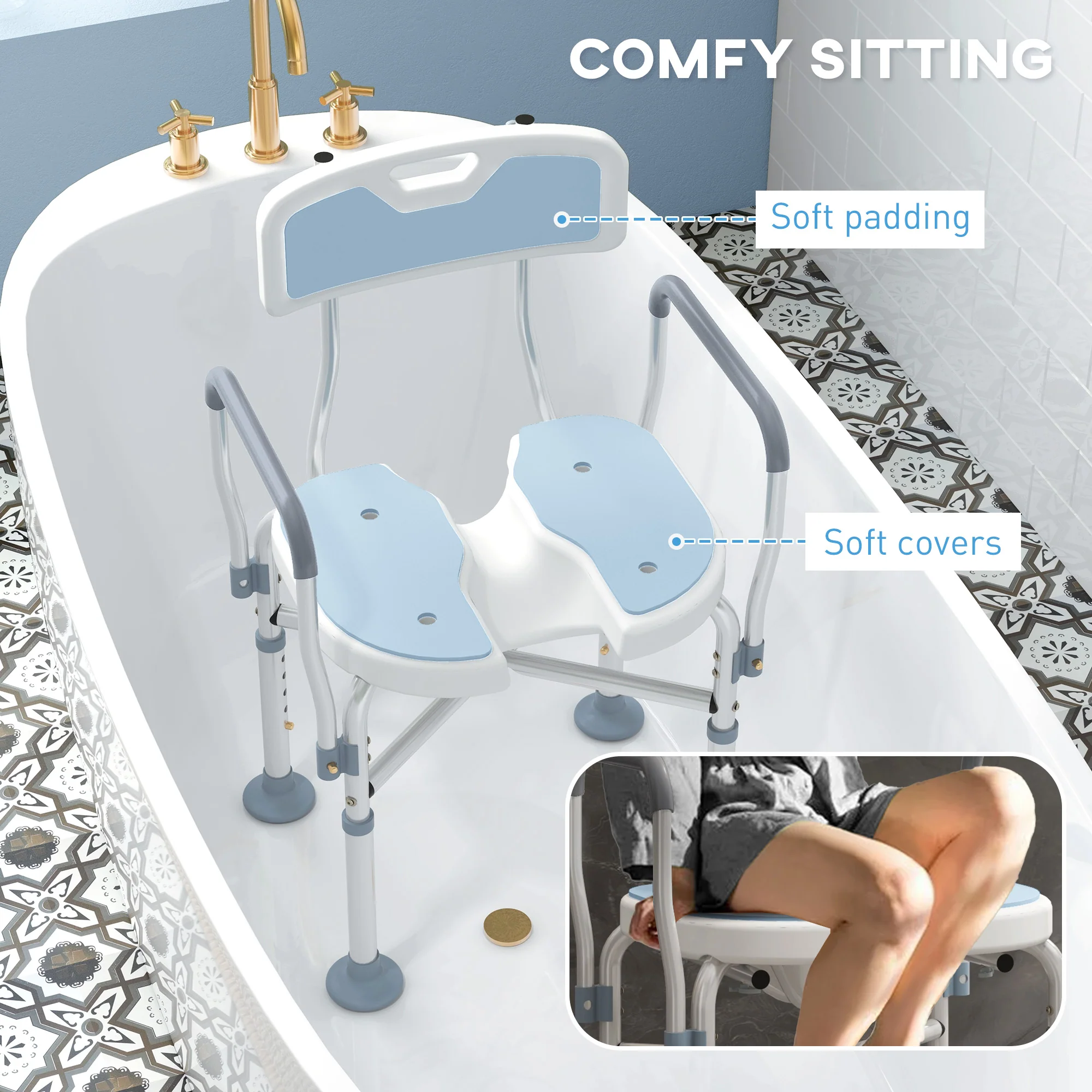 HOMCOM Padded Bath Chair with Slotted Seat and Adjustable Height, Light Blue - Image 8