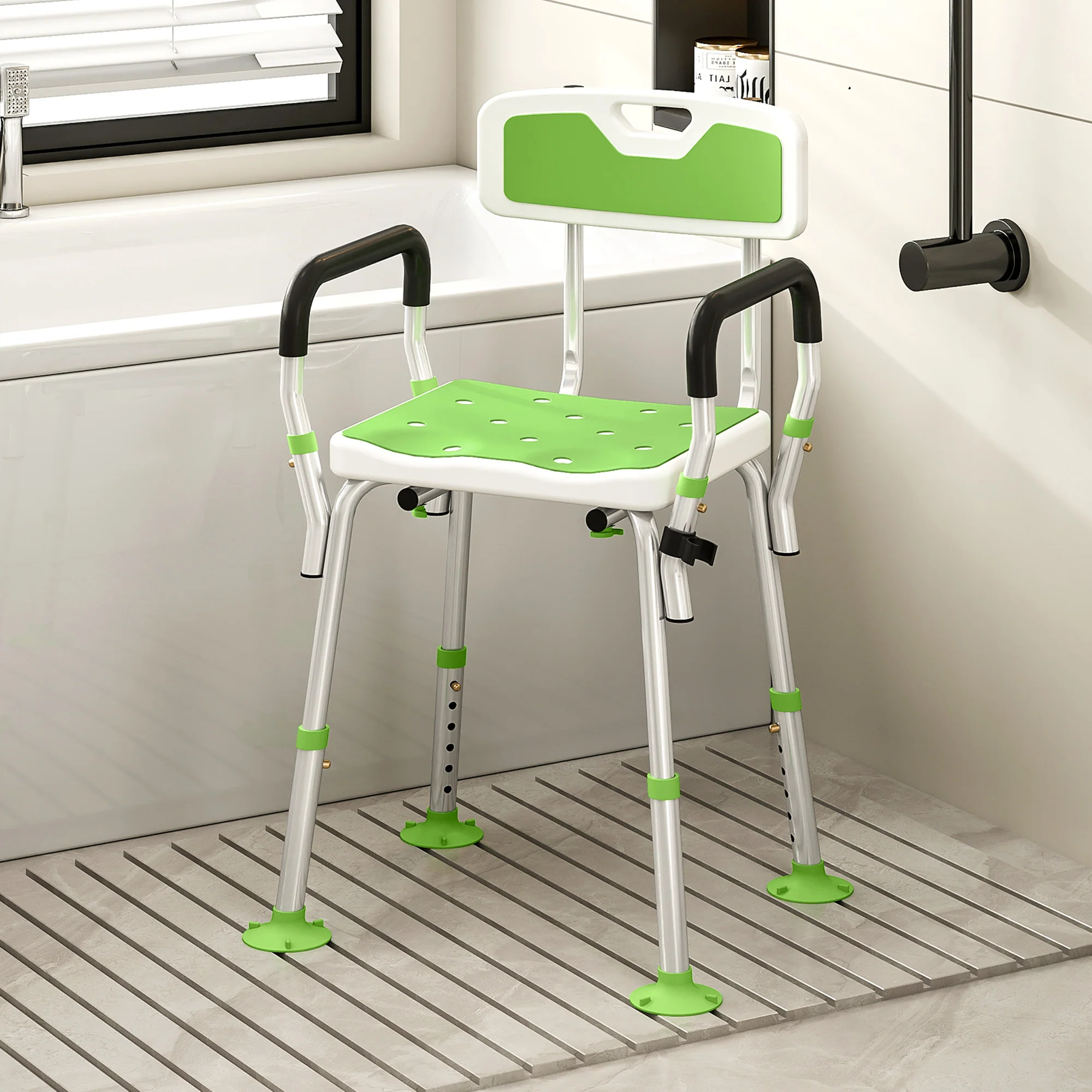 HOMCOM Padded Shower Stool with Arms and Back, 4 Suction Foot Pads, Green - Image 2