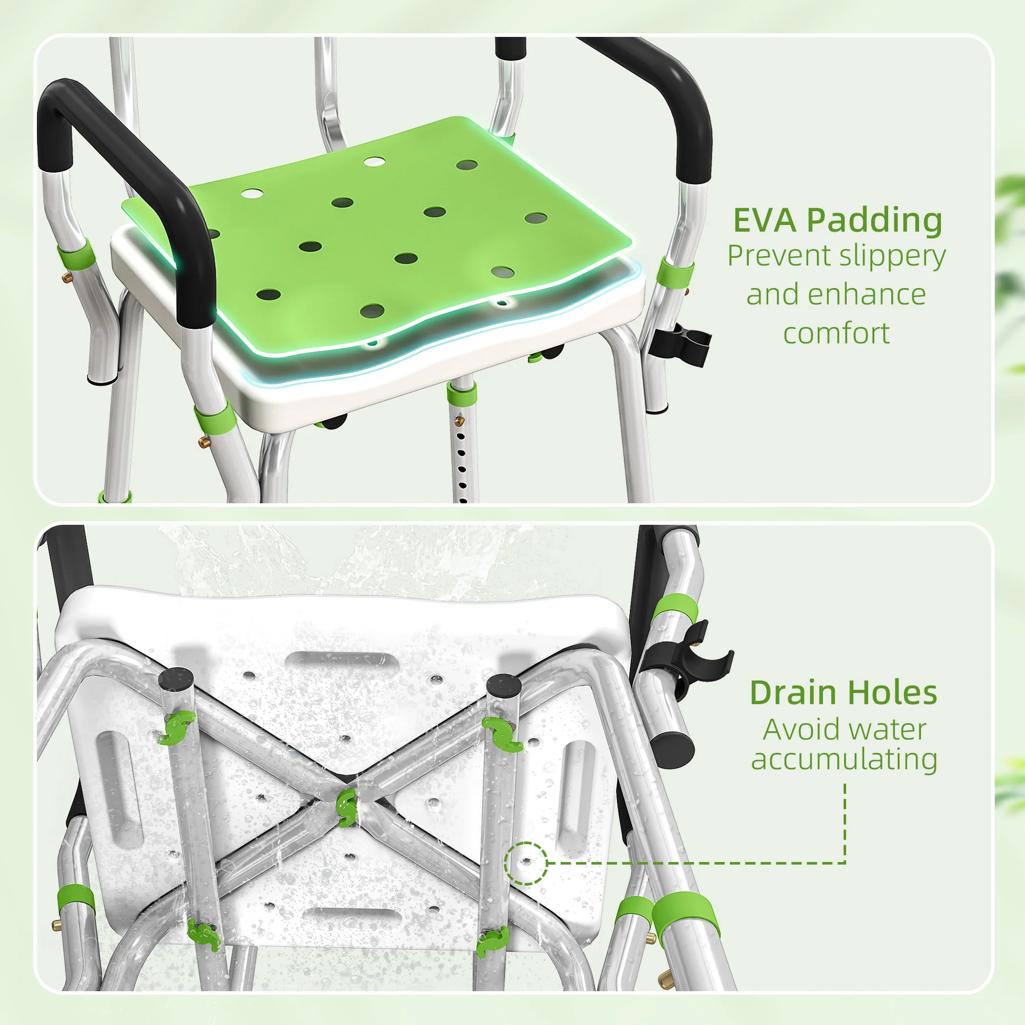 HOMCOM Padded Shower Stool with Arms and Back, 4 Suction Foot Pads, Green - Image 3