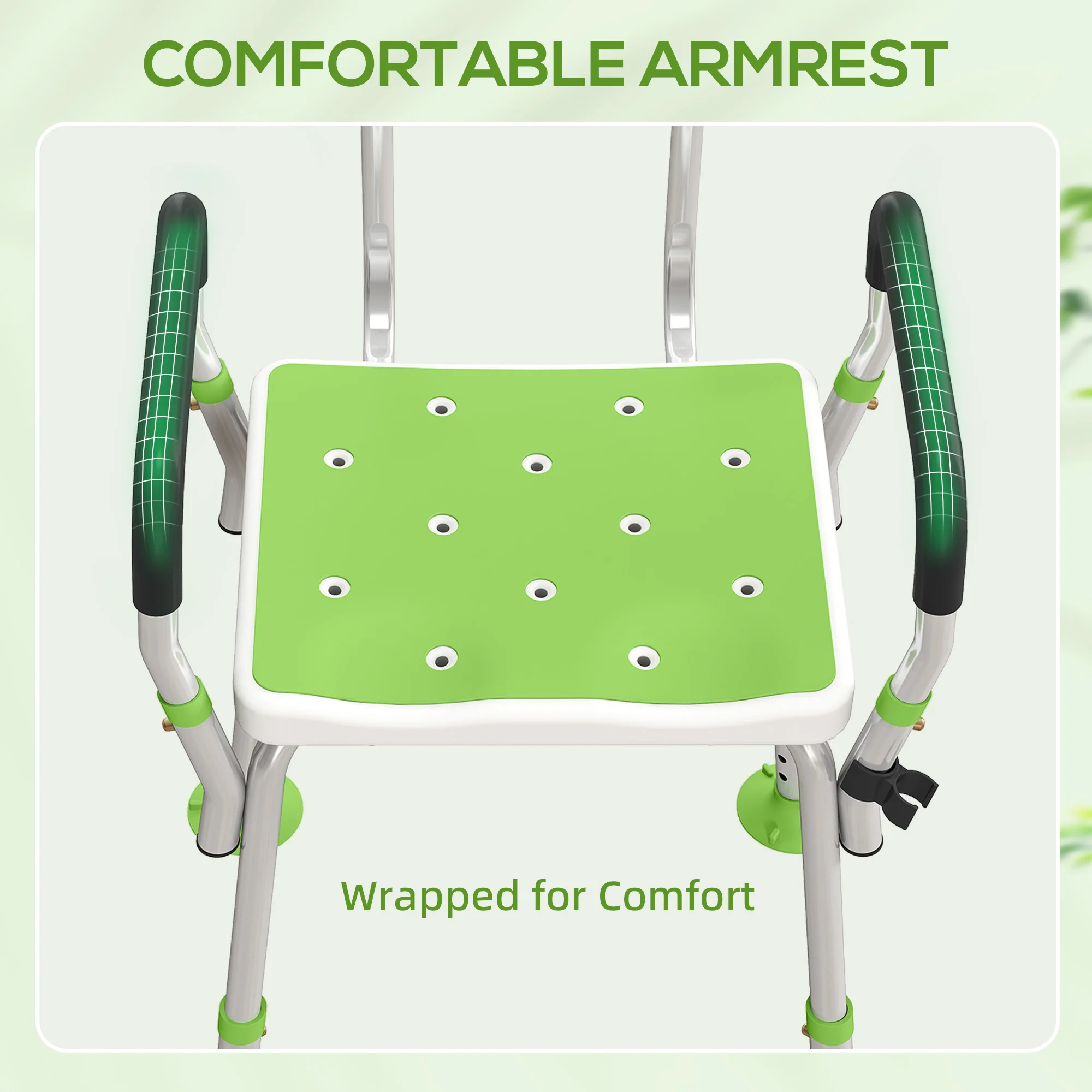 HOMCOM Padded Shower Stool with Arms and Back, 4 Suction Foot Pads, Green - Image 4