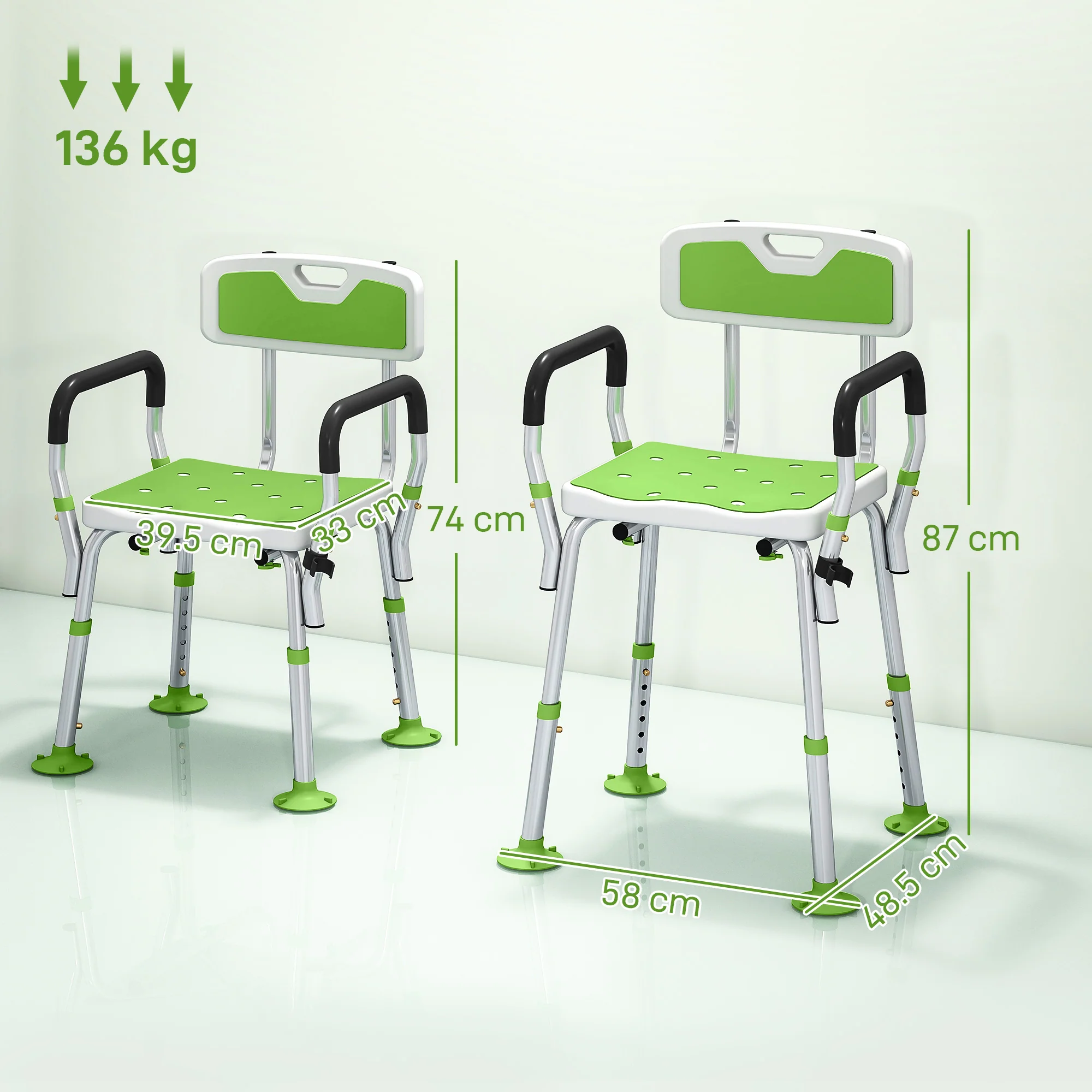 HOMCOM Padded Shower Stool with Arms and Back, 4 Suction Foot Pads, Green - Image 5