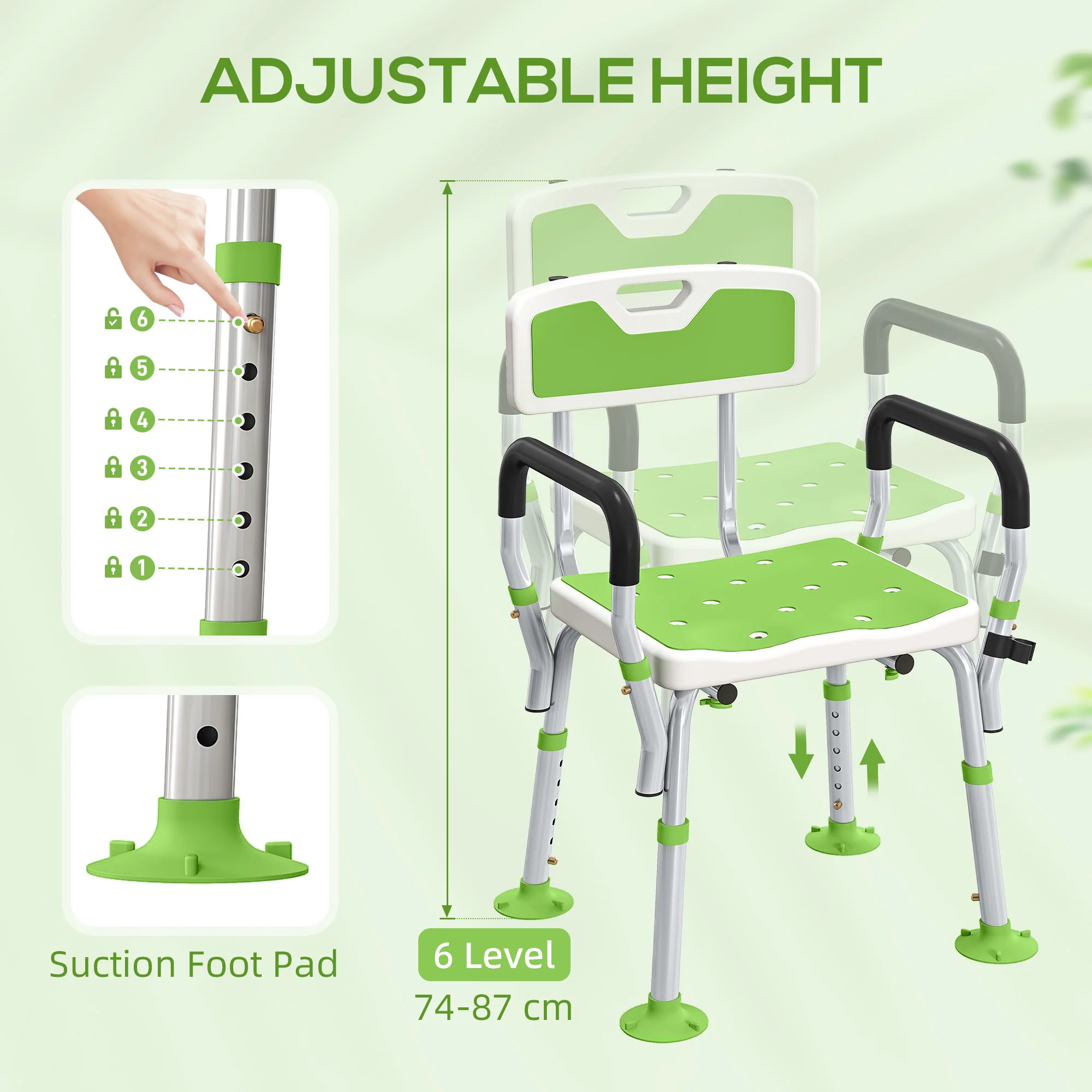 HOMCOM Padded Shower Stool with Arms and Back, 4 Suction Foot Pads, Green - Image 7