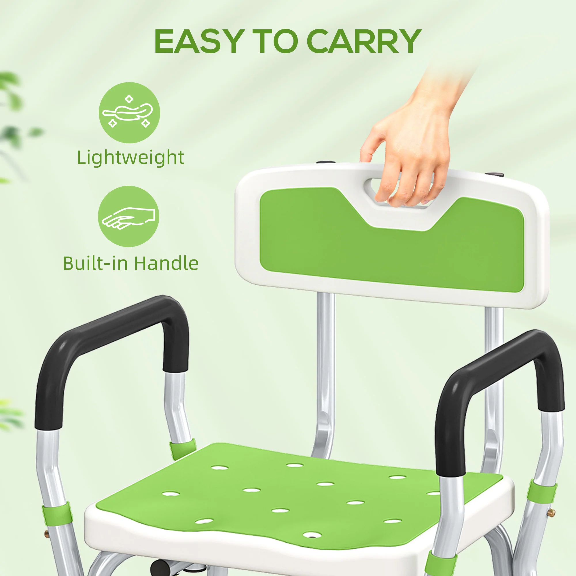 HOMCOM Padded Shower Stool with Arms and Back, 4 Suction Foot Pads, Green - Image 8
