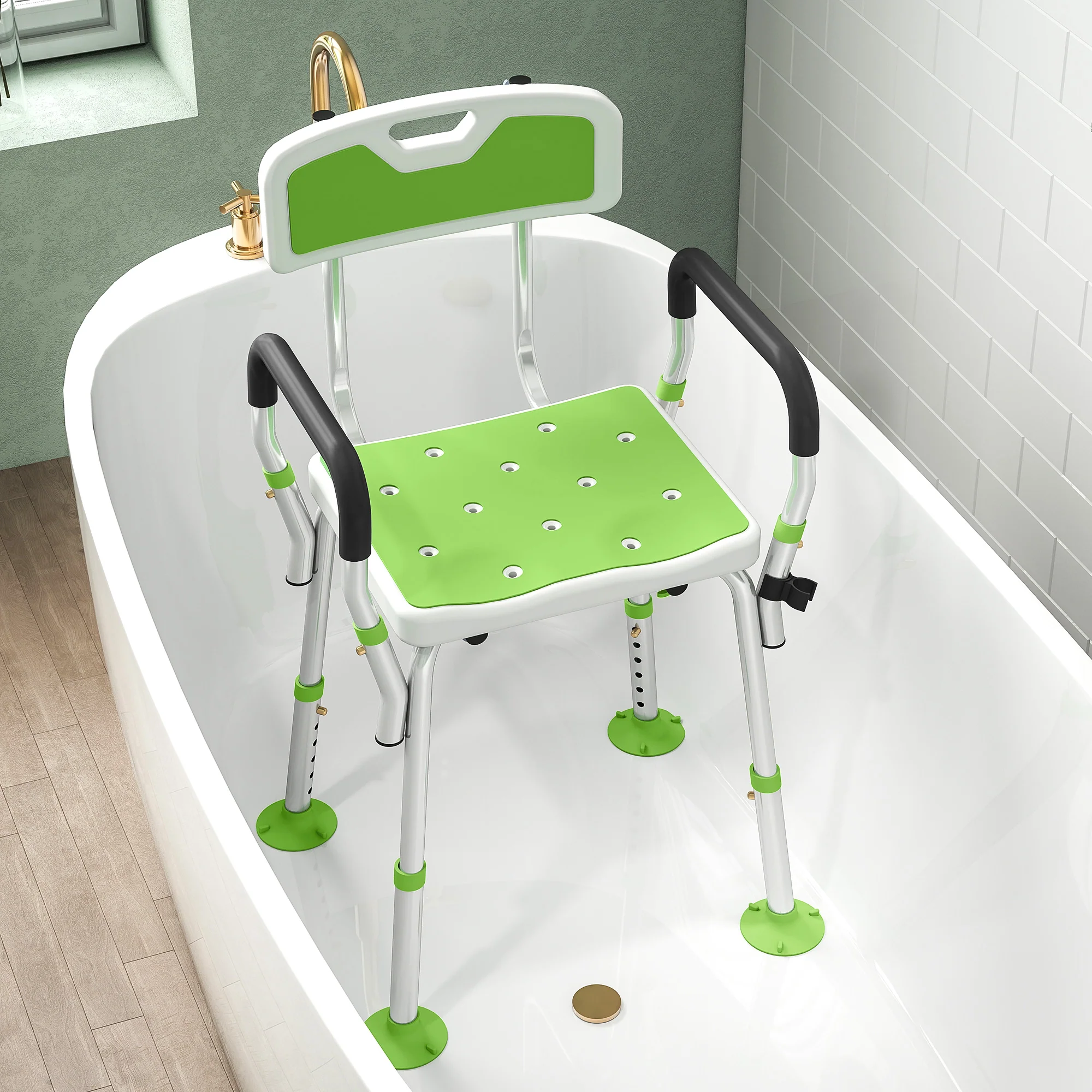HOMCOM Padded Shower Stool with Arms and Back, 4 Suction Foot Pads, Green - Image 9