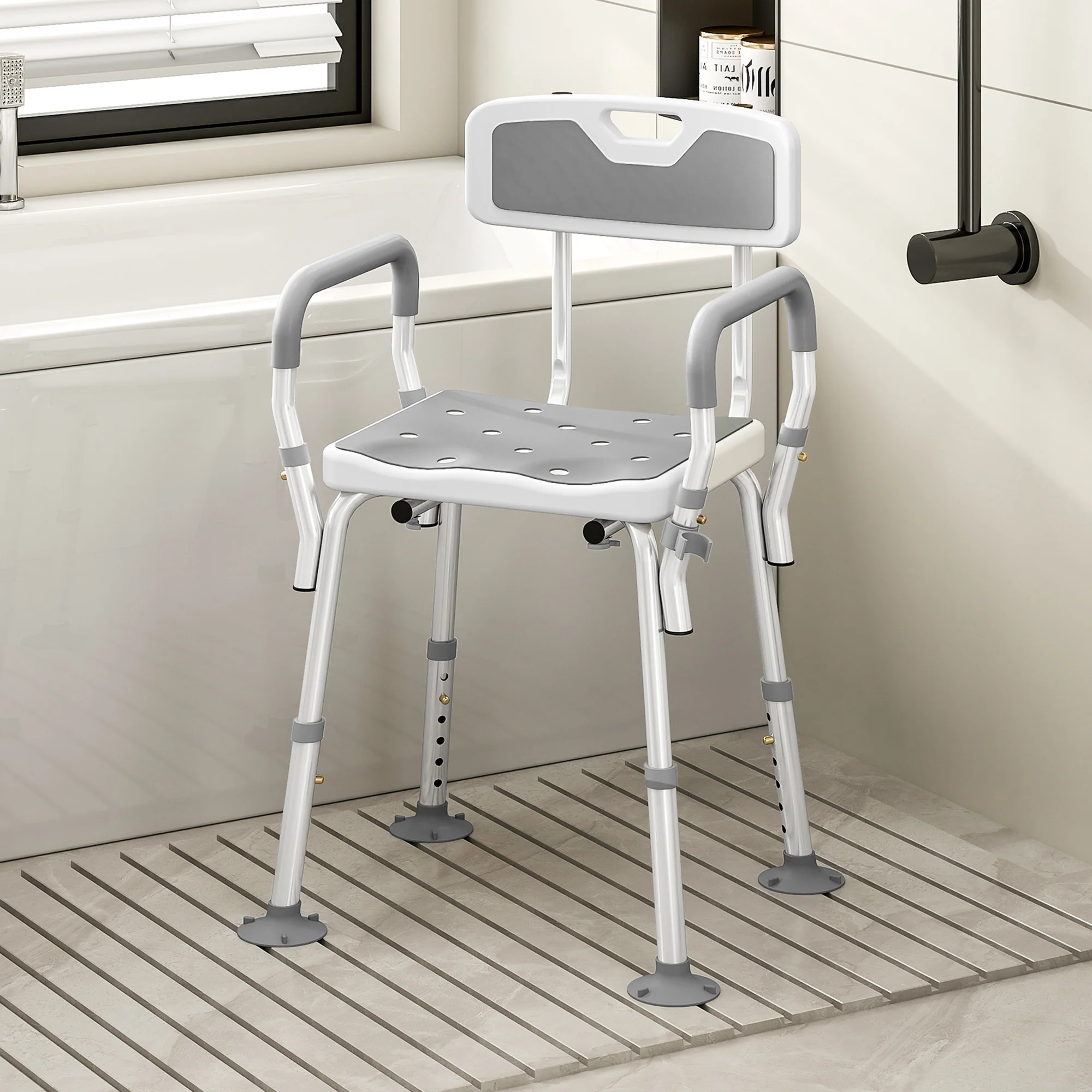 HOMCOM Padded Shower Stool With Arms And Back, 4 Suction Foot Pads, Grey - Image 2