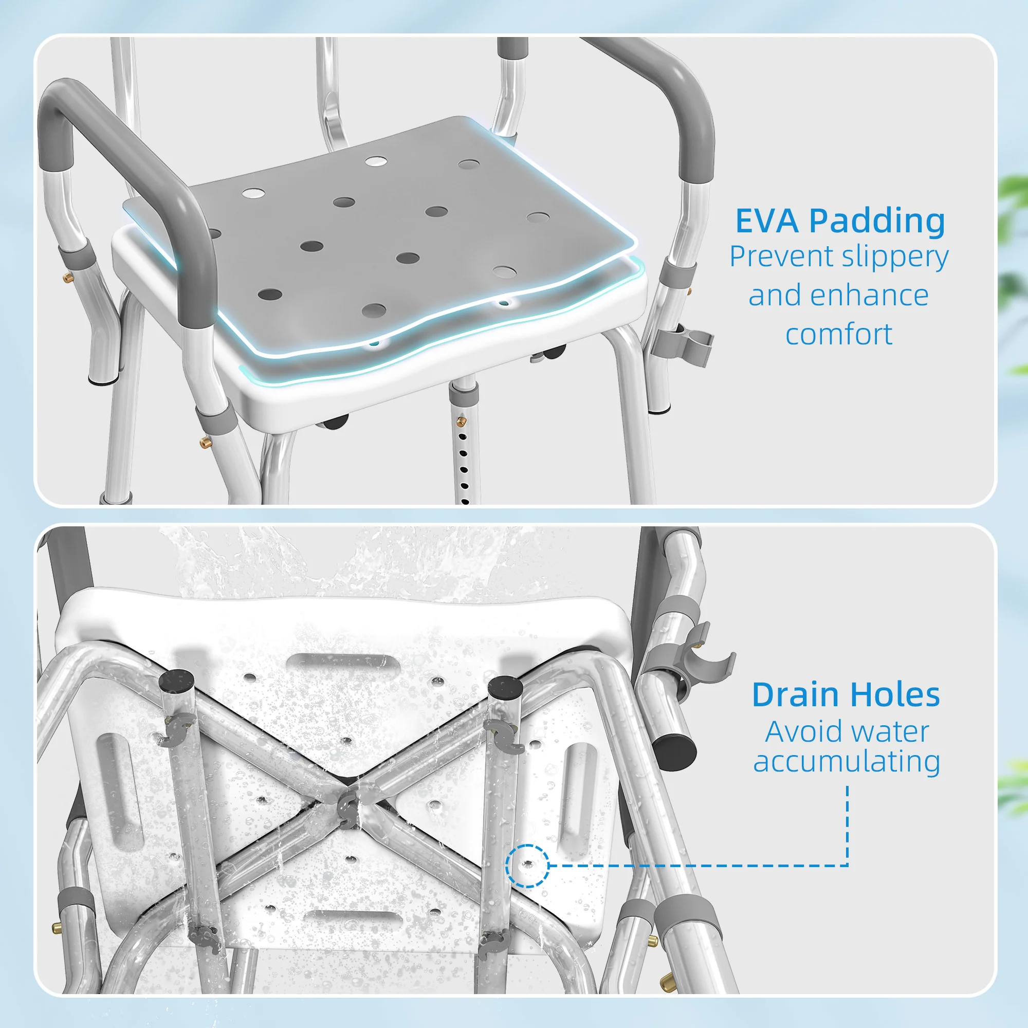 HOMCOM Padded Shower Stool With Arms And Back, 4 Suction Foot Pads, Grey - Image 3