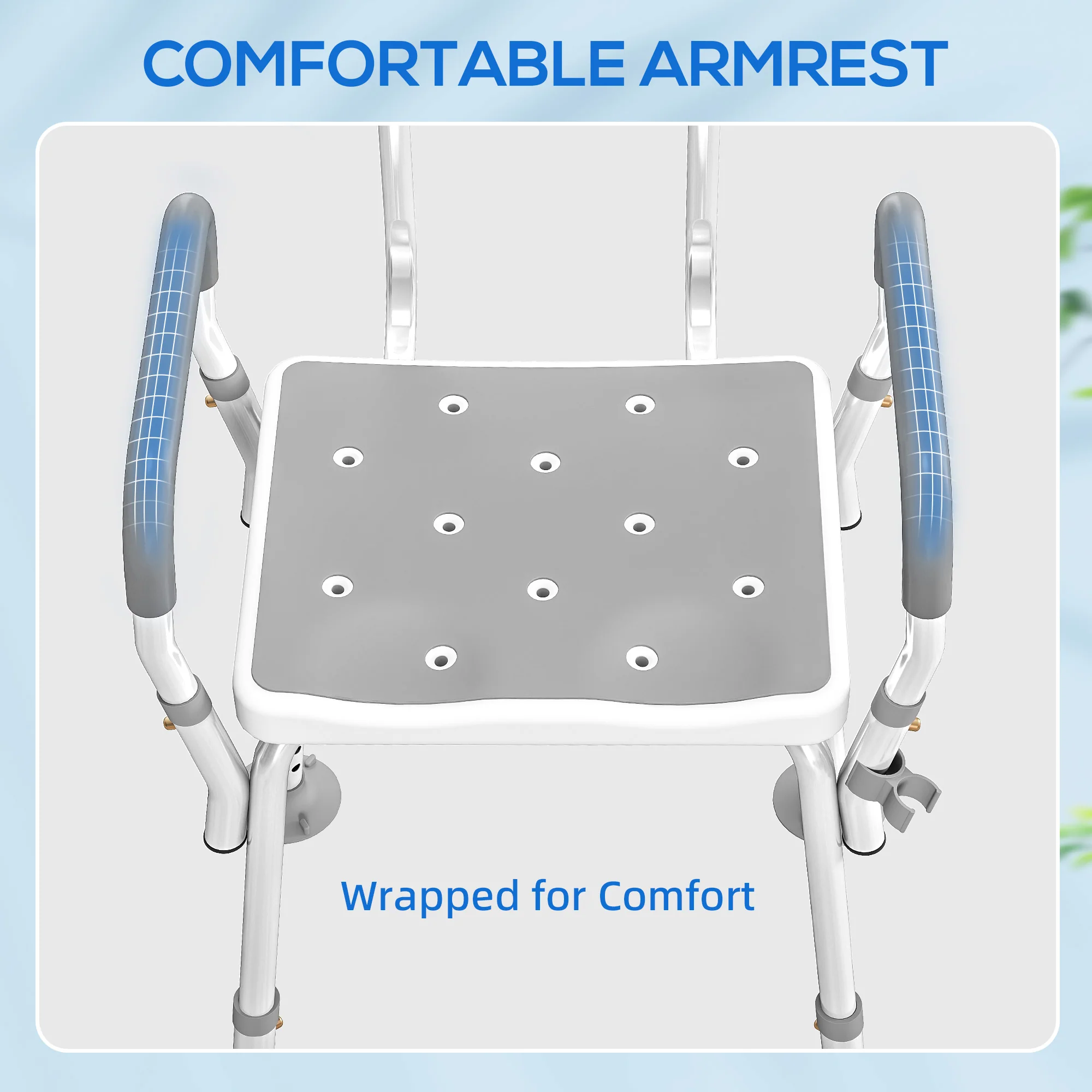 HOMCOM Padded Shower Stool With Arms And Back, 4 Suction Foot Pads, Grey - Image 4