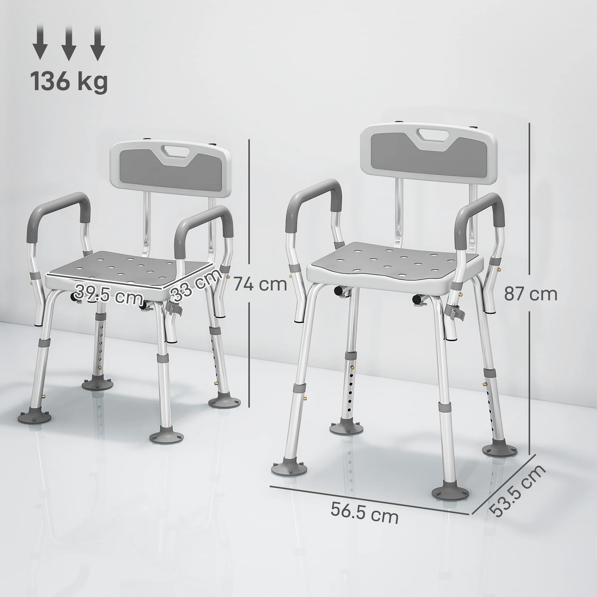 HOMCOM Padded Shower Stool With Arms And Back, 4 Suction Foot Pads, Grey - Image 5