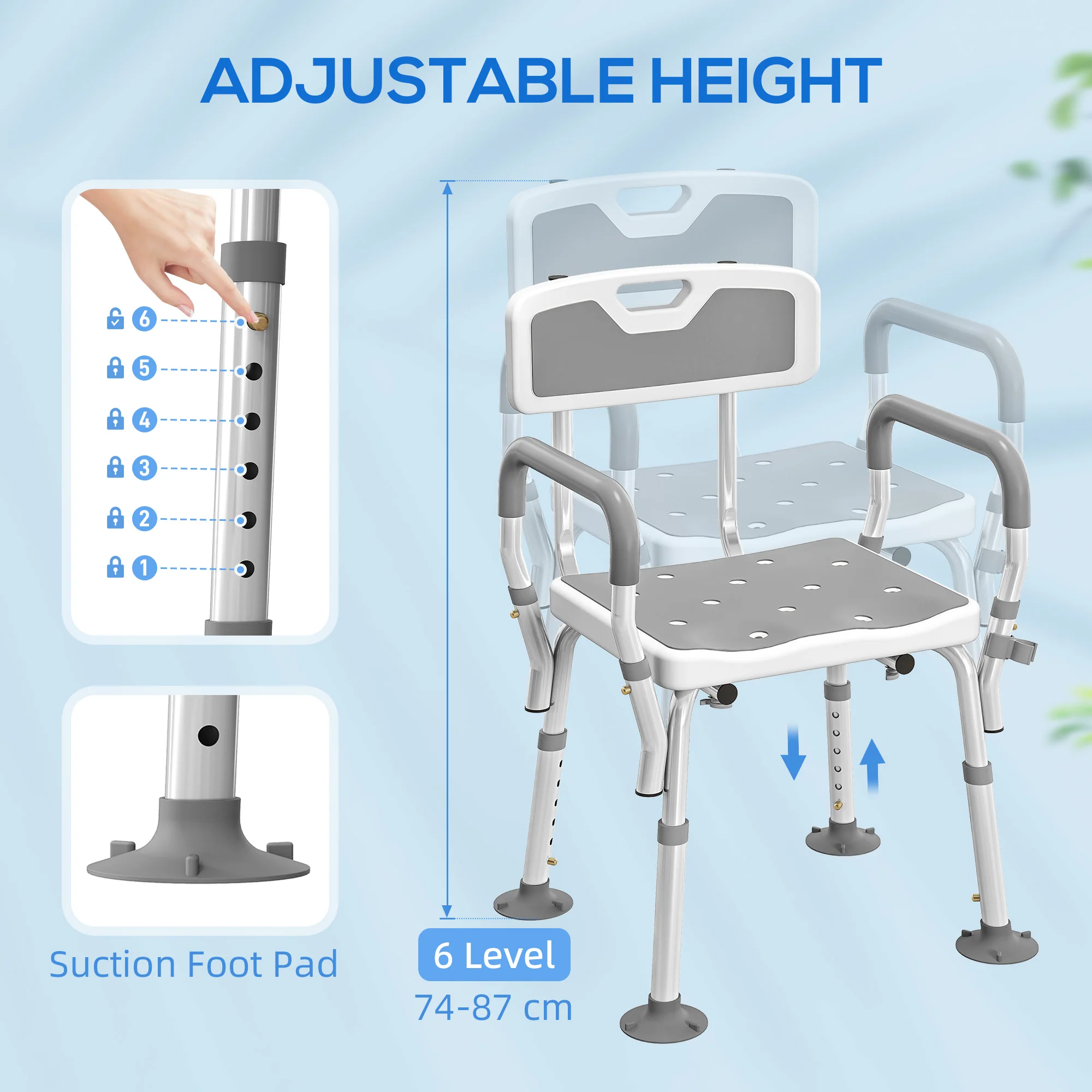 HOMCOM Padded Shower Stool With Arms And Back, 4 Suction Foot Pads, Grey - Image 7