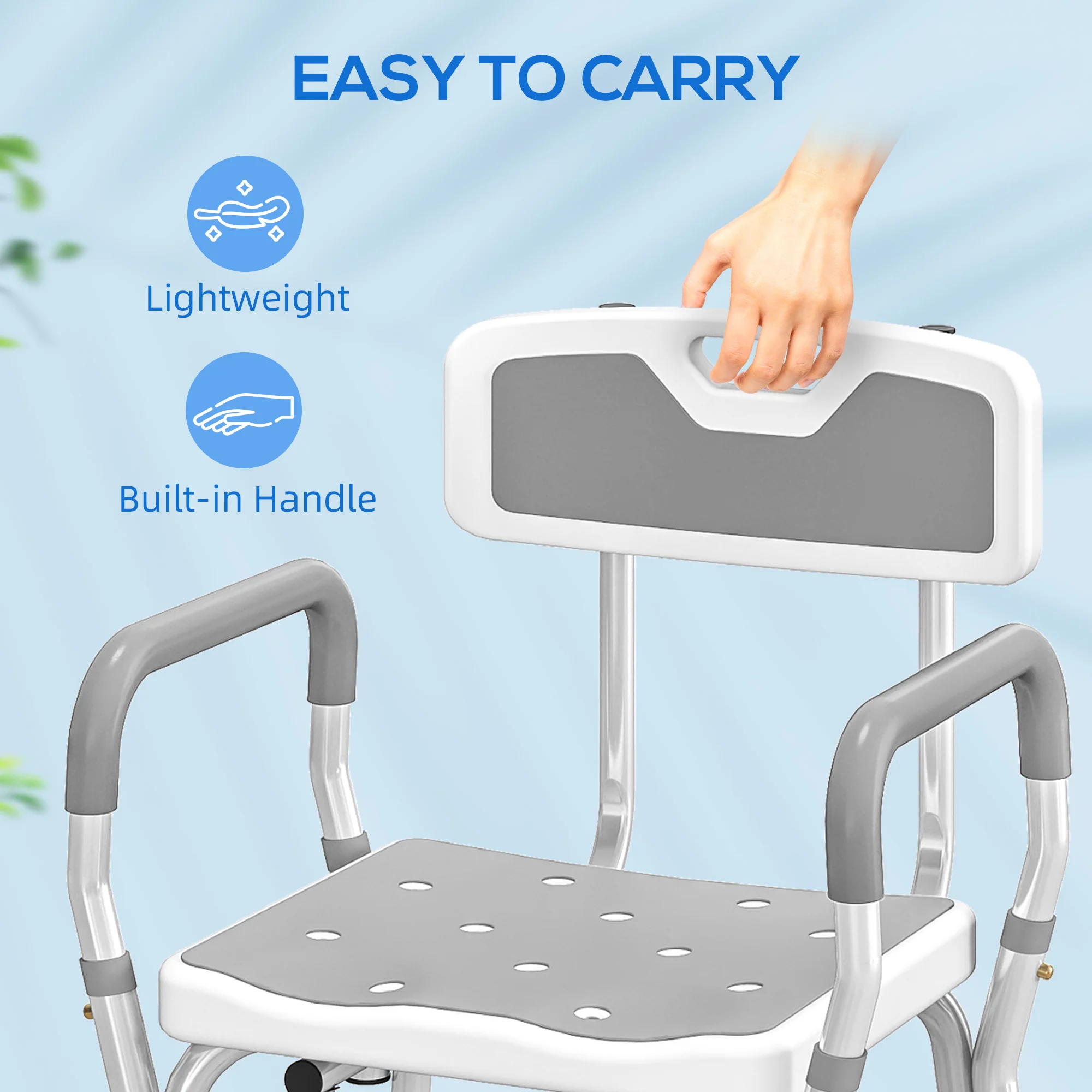 HOMCOM Padded Shower Stool With Arms And Back, 4 Suction Foot Pads, Grey - Image 8