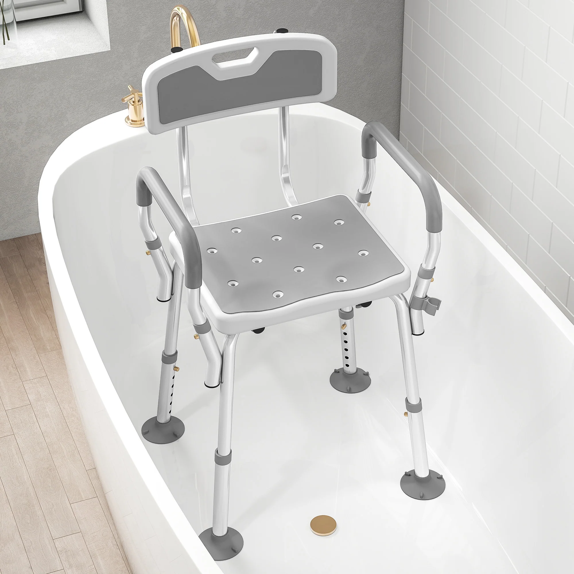 HOMCOM Padded Shower Stool With Arms And Back, 4 Suction Foot Pads, Grey - Image 9