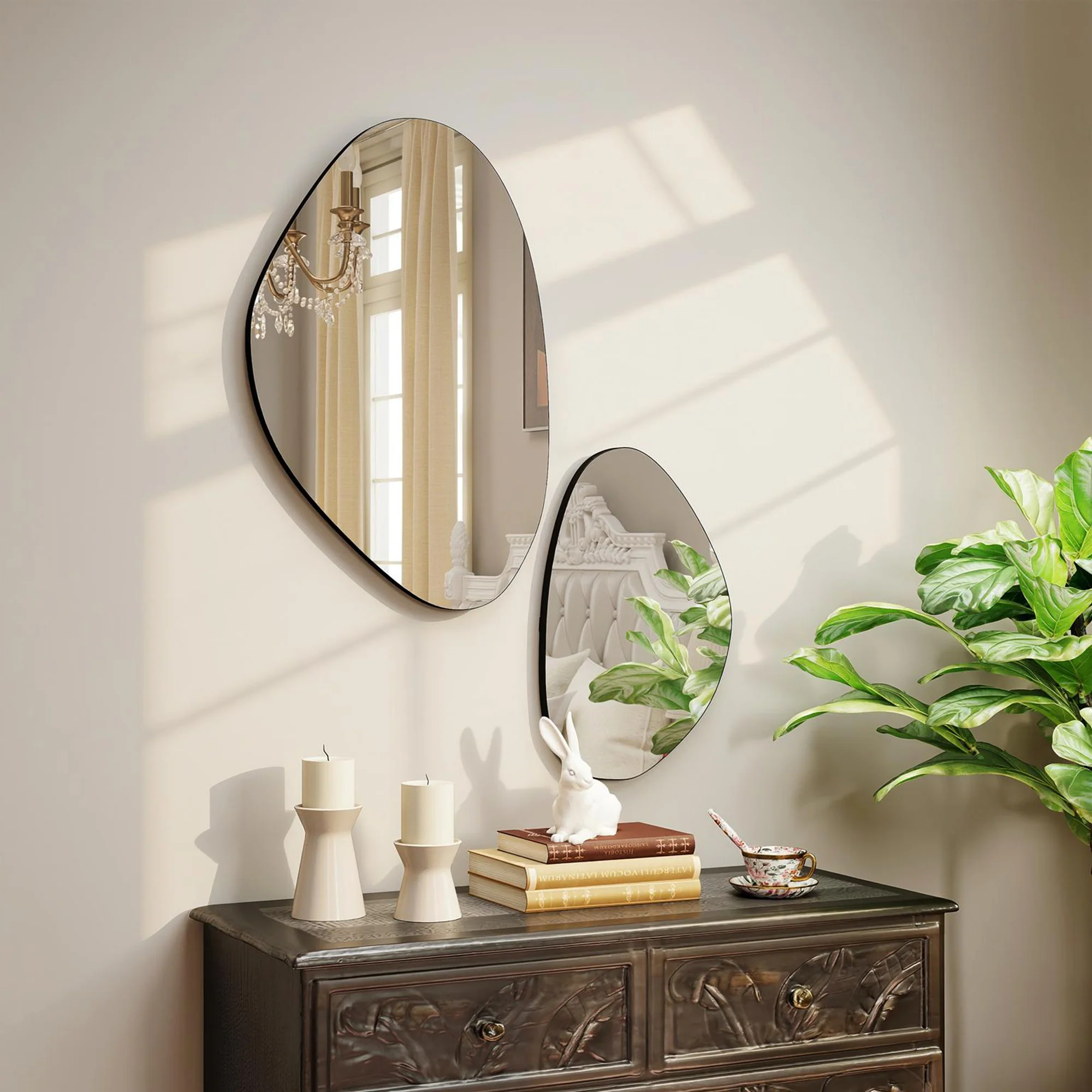 HOMCOM Pebble-Shaped Decorative Mirror, Set of 2 Wall Mirror, Black - Image 8