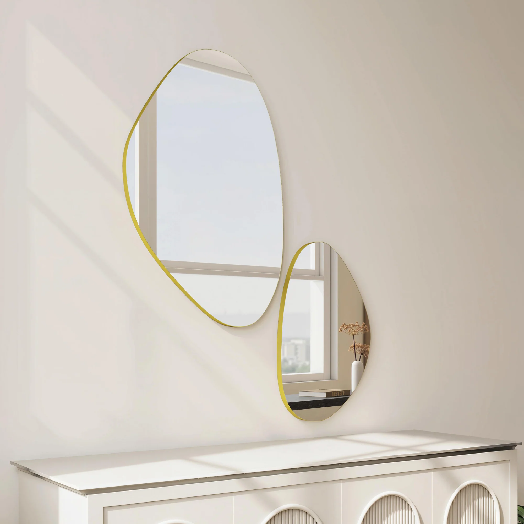 HOMCOM Pebble-Shaped Decorative Mirror, Set of 2 Wall Mirror, Gold Tone