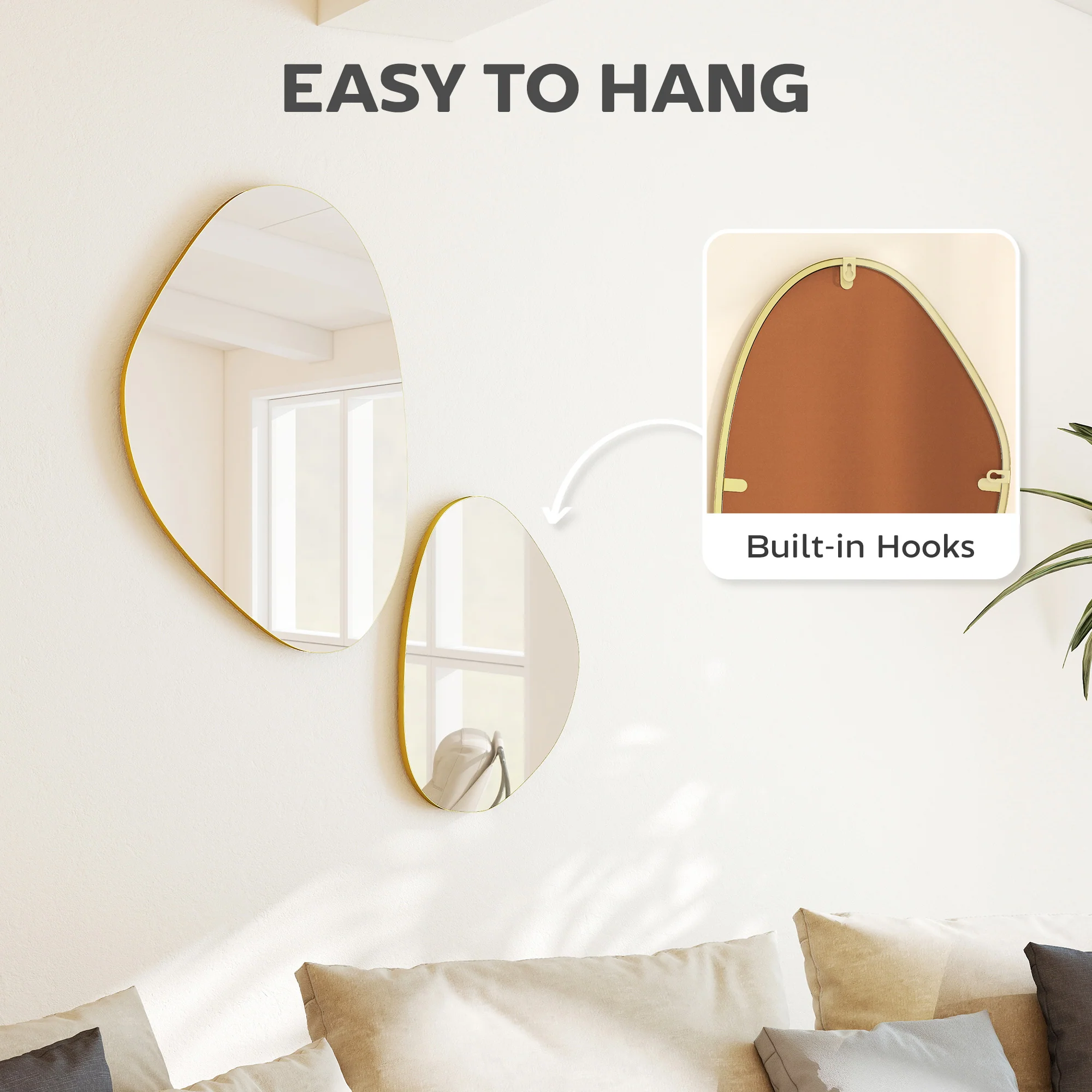 HOMCOM Pebble-Shaped Decorative Mirror, Set of 2 Wall Mirror, Gold Tone - Image 5