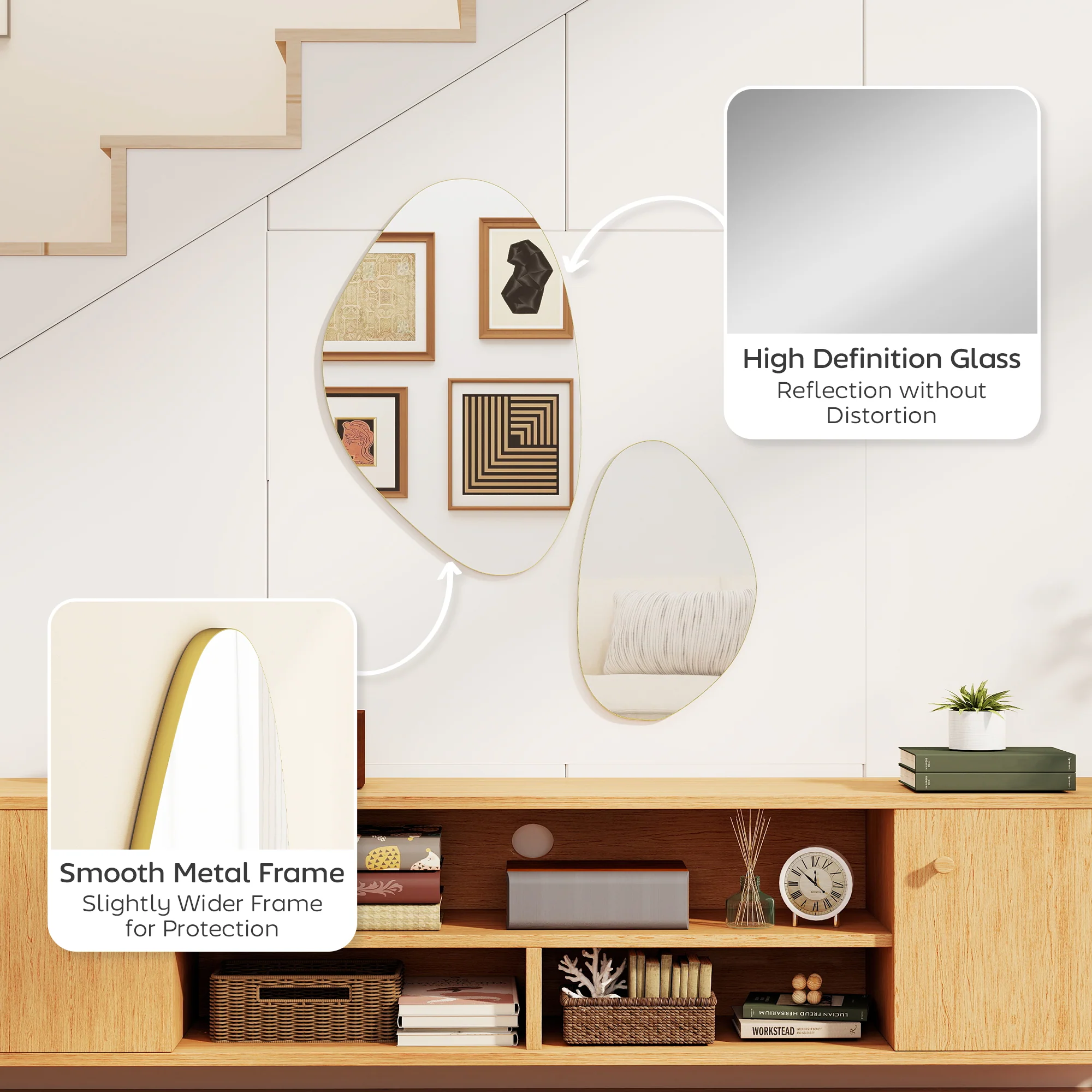HOMCOM Pebble-Shaped Decorative Mirror, Set of 2 Wall Mirror, Gold Tone - Image 6