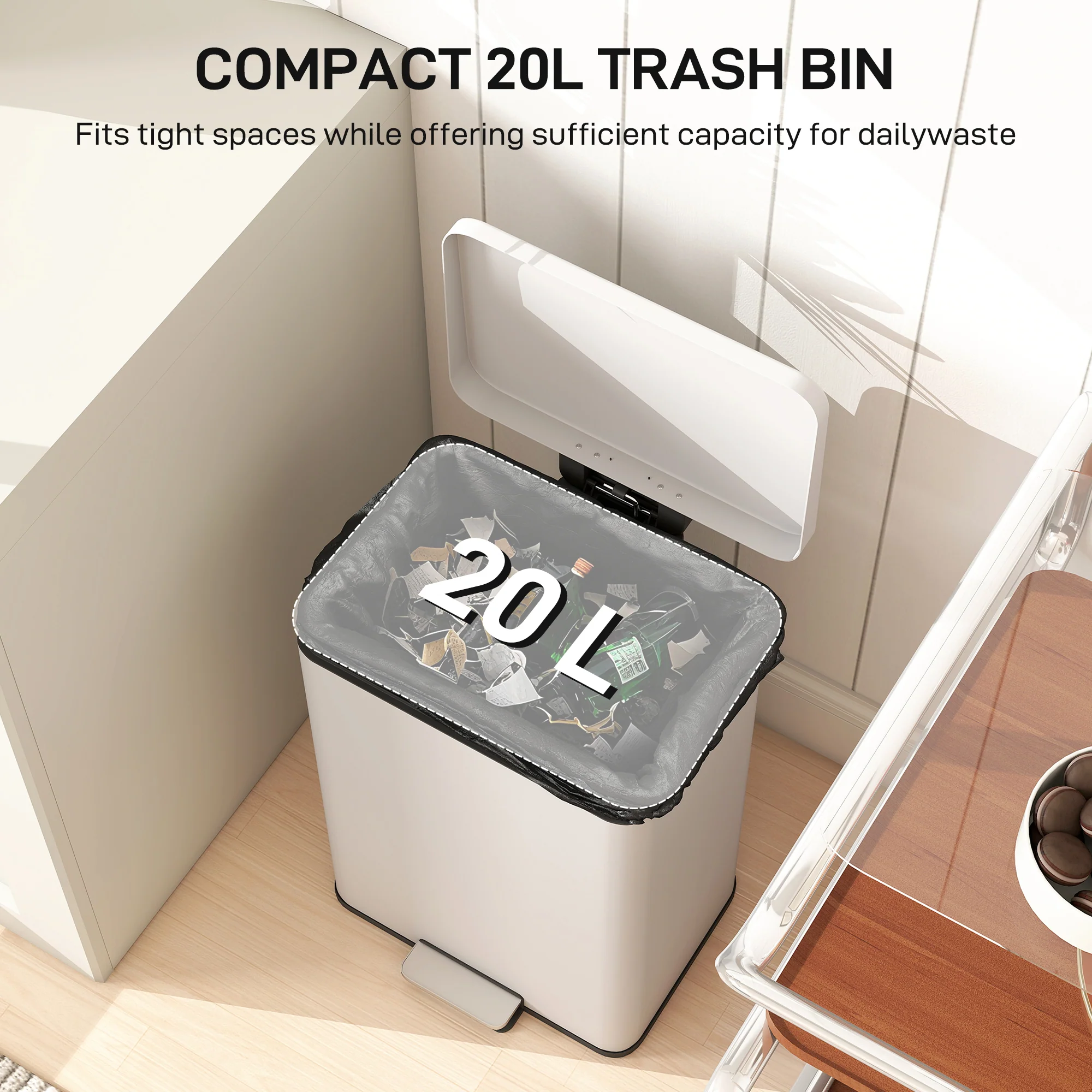 HOMCOM Pedal Bin With Soft-Close Lid, 20L Kitchen Bin For Home, Cream - Image 3