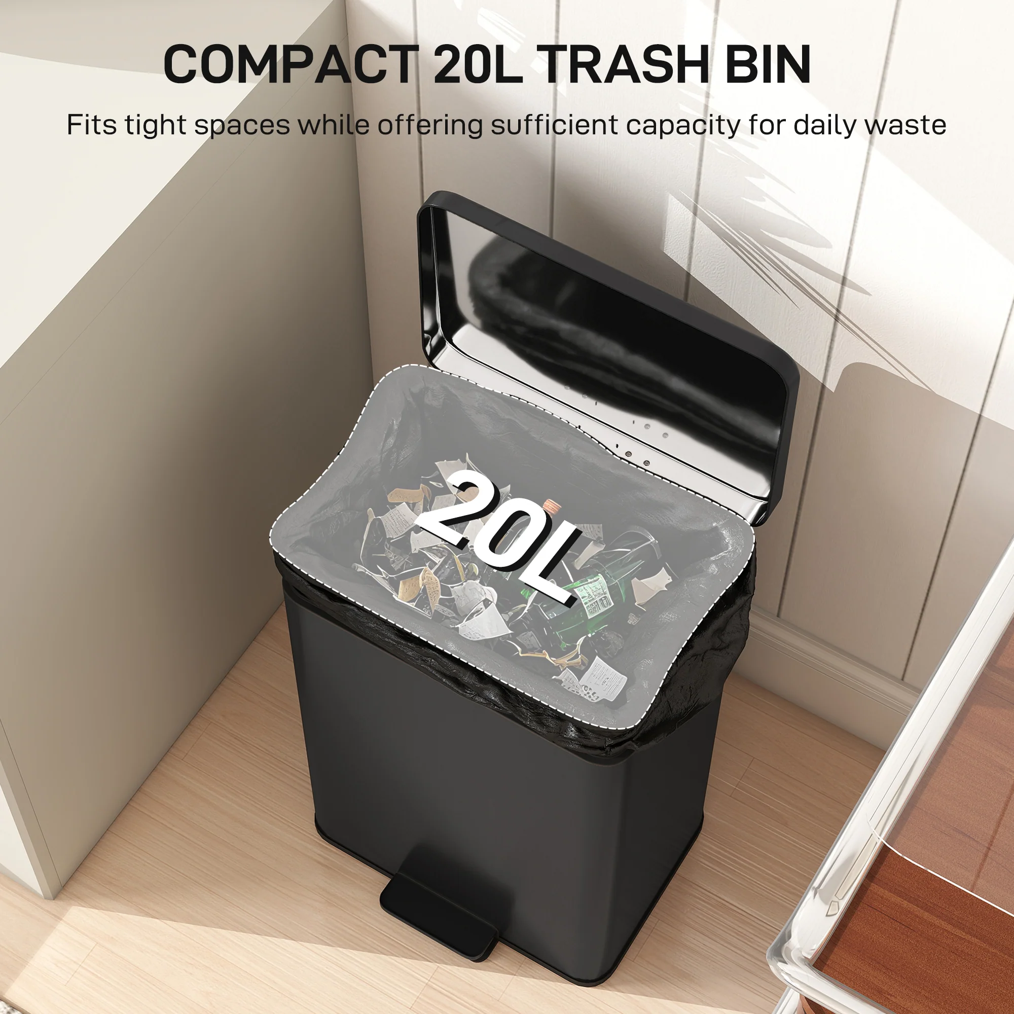 HOMCOM Pedal Bin With Soft-Close Lid, 20L Kitchen Bin For Home, Matte Black - Image 3