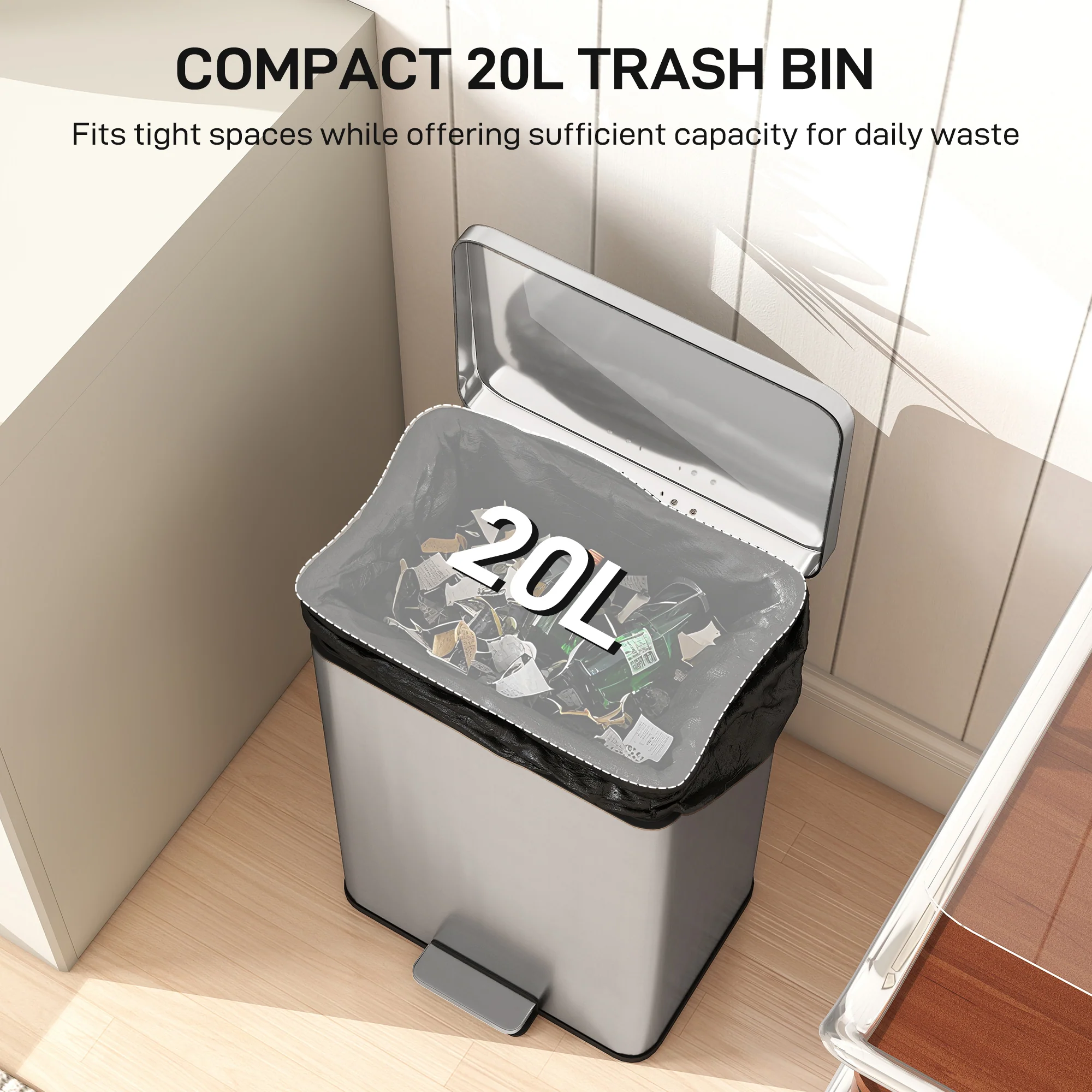 HOMCOM Pedal Bin With Soft-Close Lid, 20L Stainless Steel Kitchen Bin Silver - Image 3