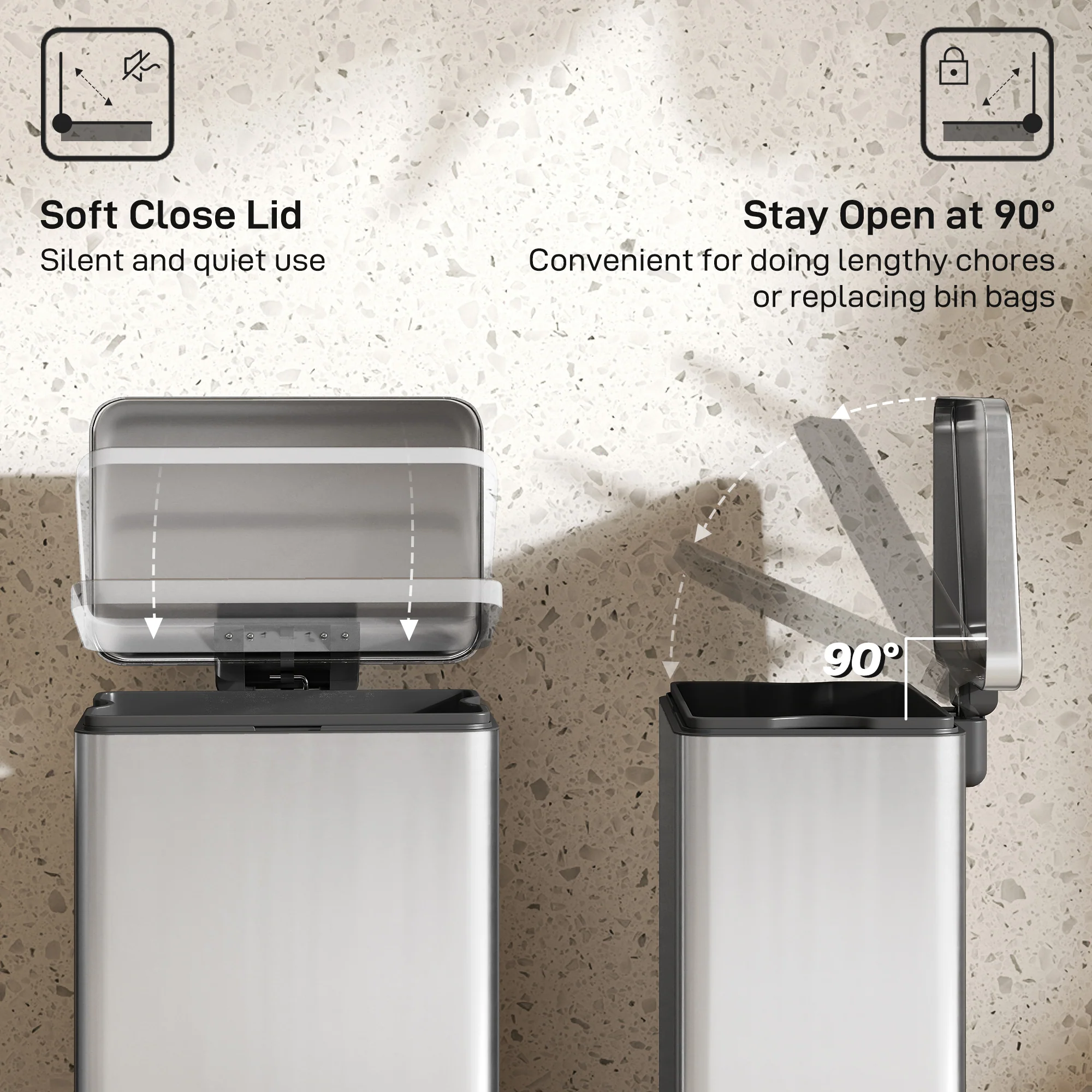 HOMCOM Pedal Bin With Soft-Close Lid, 20L Stainless Steel Kitchen Bin Silver - Image 4