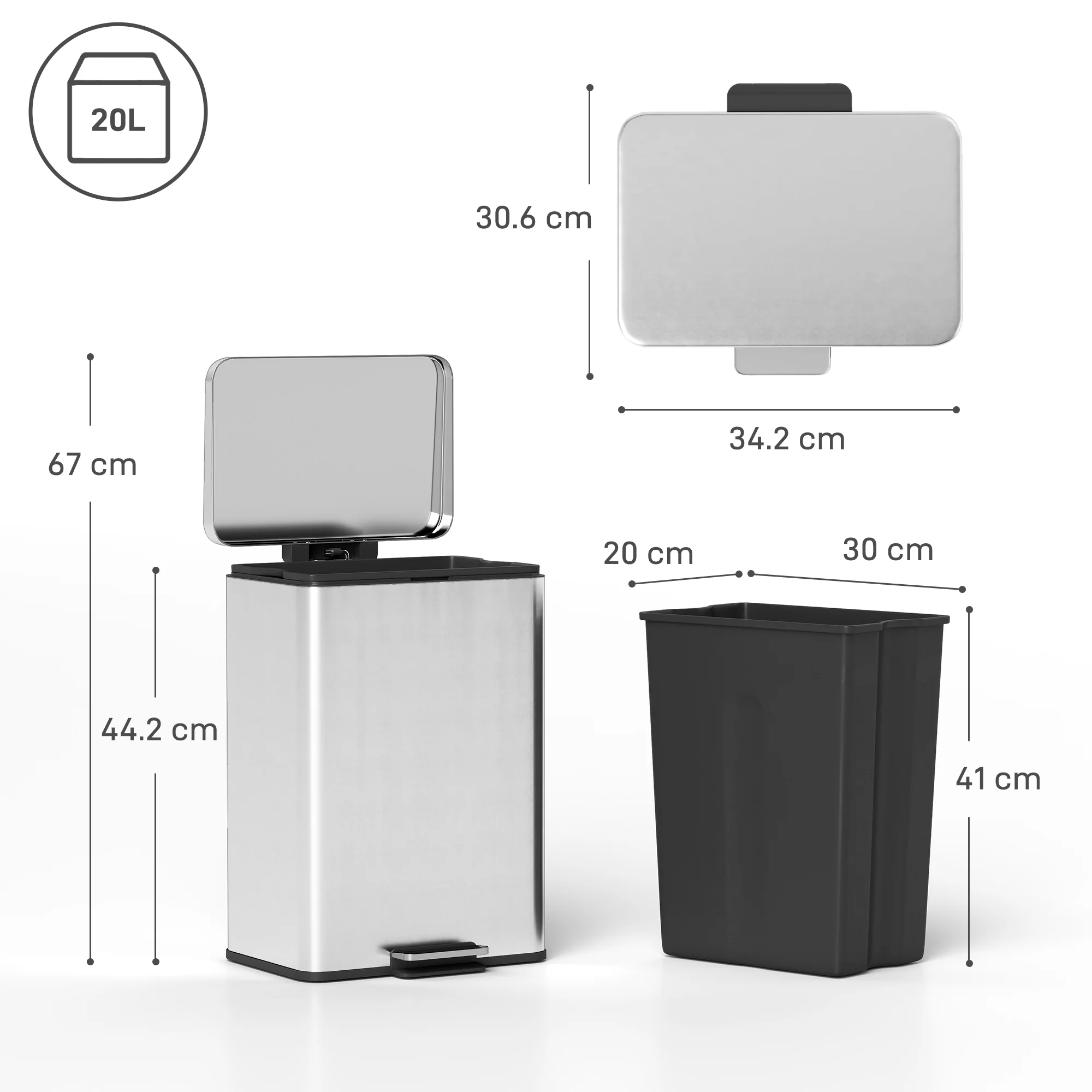 HOMCOM Pedal Bin With Soft-Close Lid, 20L Stainless Steel Kitchen Bin Silver - Image 5