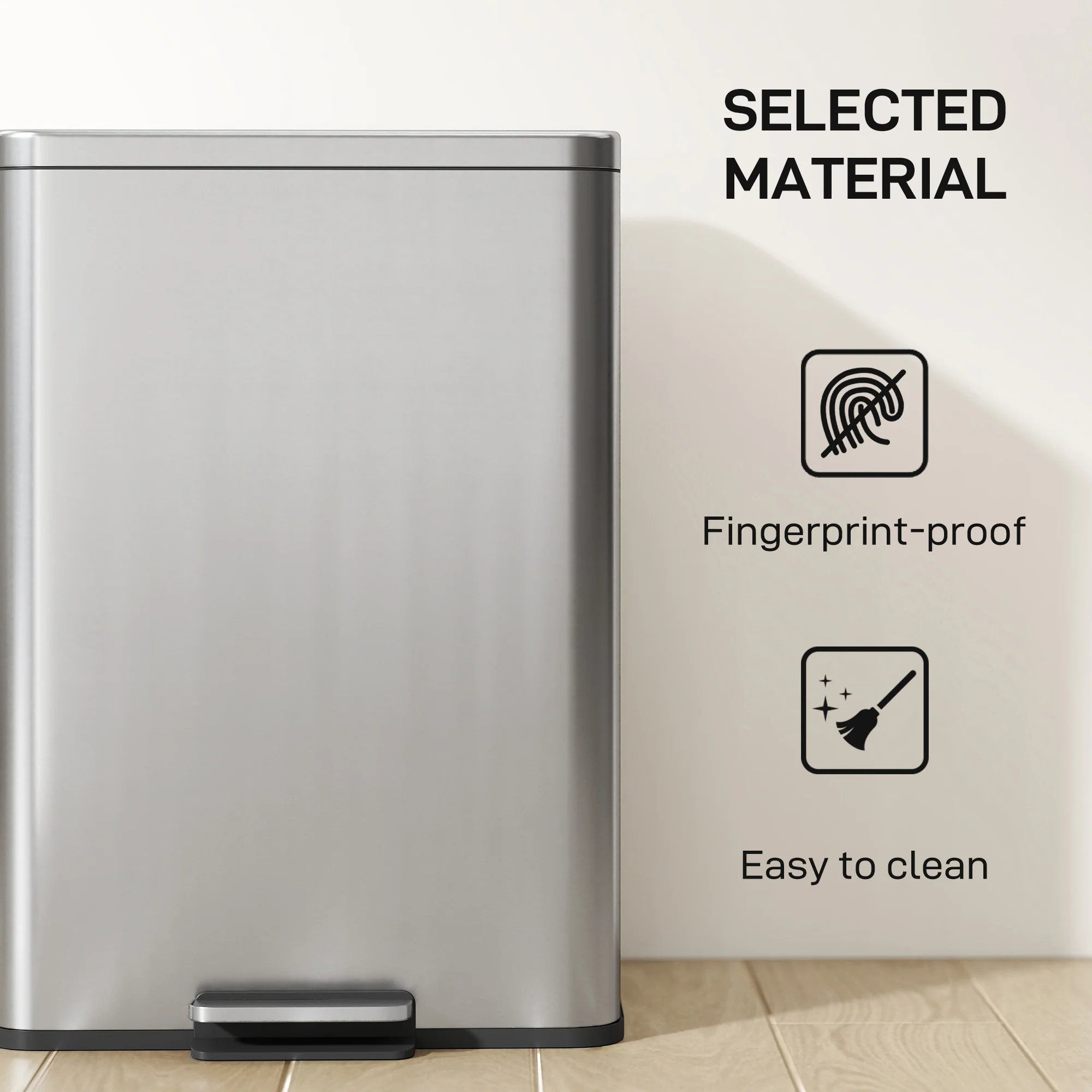 HOMCOM Pedal Bin With Soft-Close Lid, 20L Stainless Steel Kitchen Bin Silver - Image 6