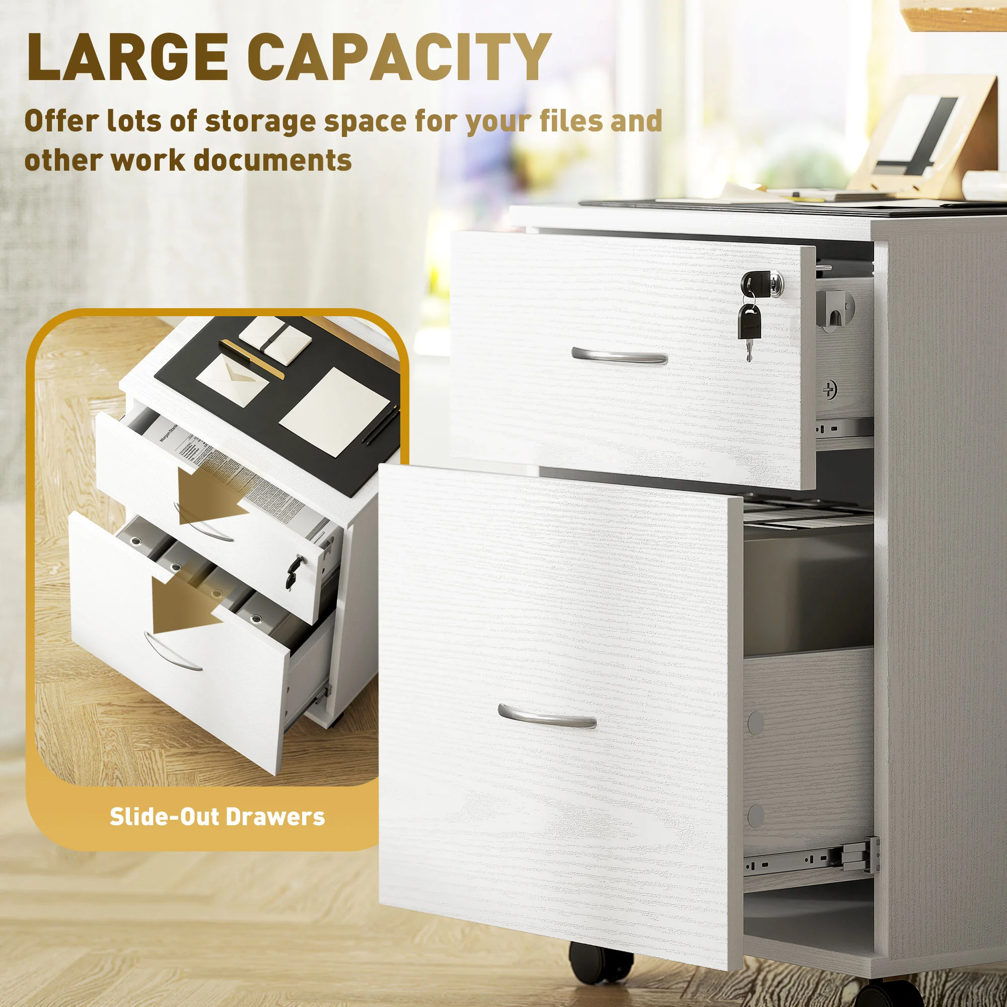HOMCOM Pedestal Office Mobile Filing Cabinet 2 Drawer - Image 3