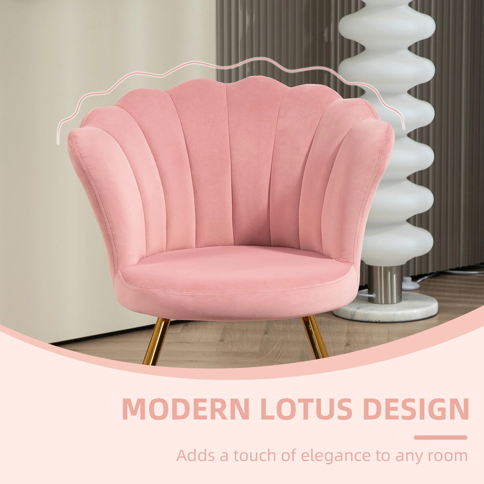 HOMCOM Accent Chair, Velvet Armchair With Lotus Backrest, Steel Legs - Pink/Grey - Image 6