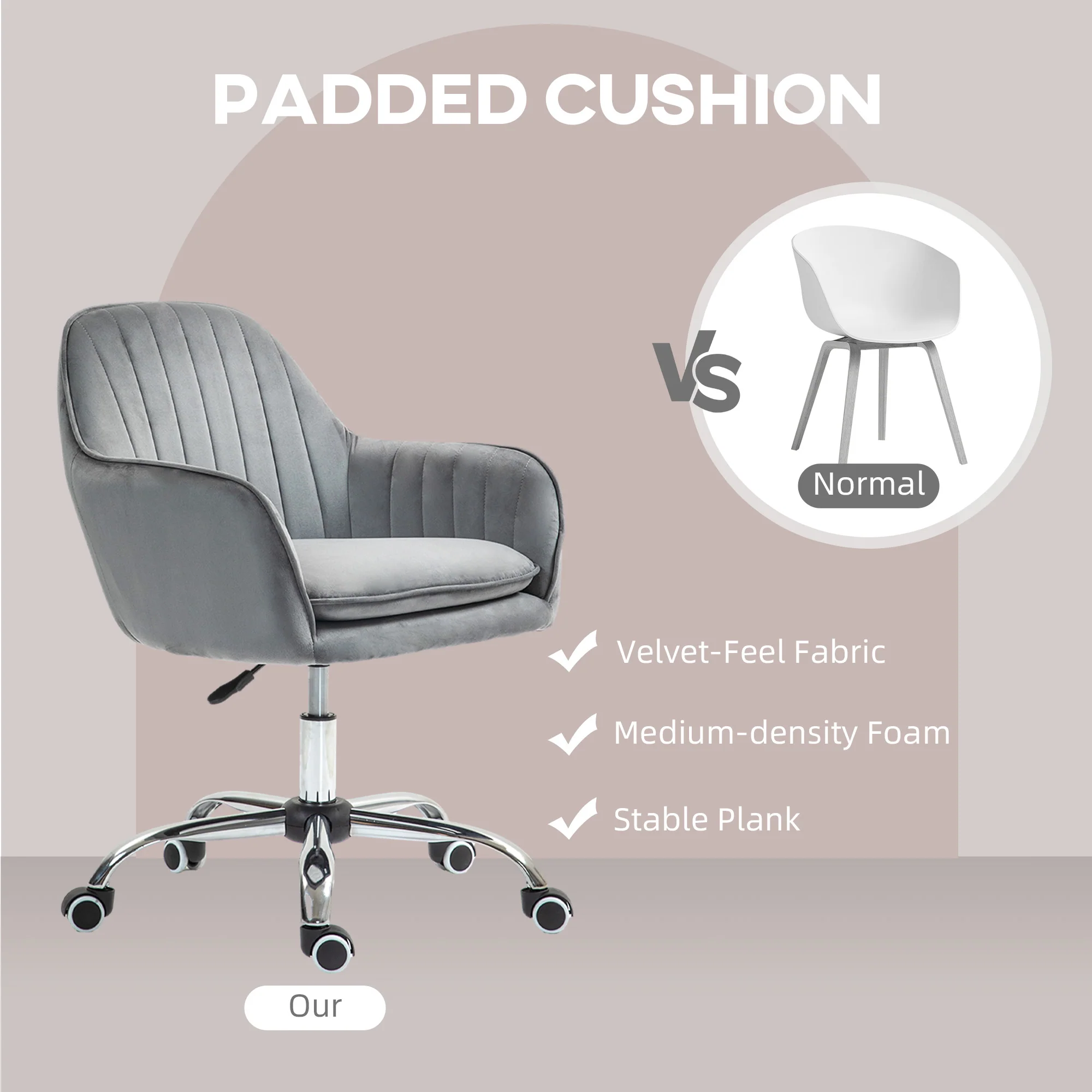 HOMCOM Office Chair, Swivel Desk Chair W/ Adjustable Height - Grey/Pink - Image 12