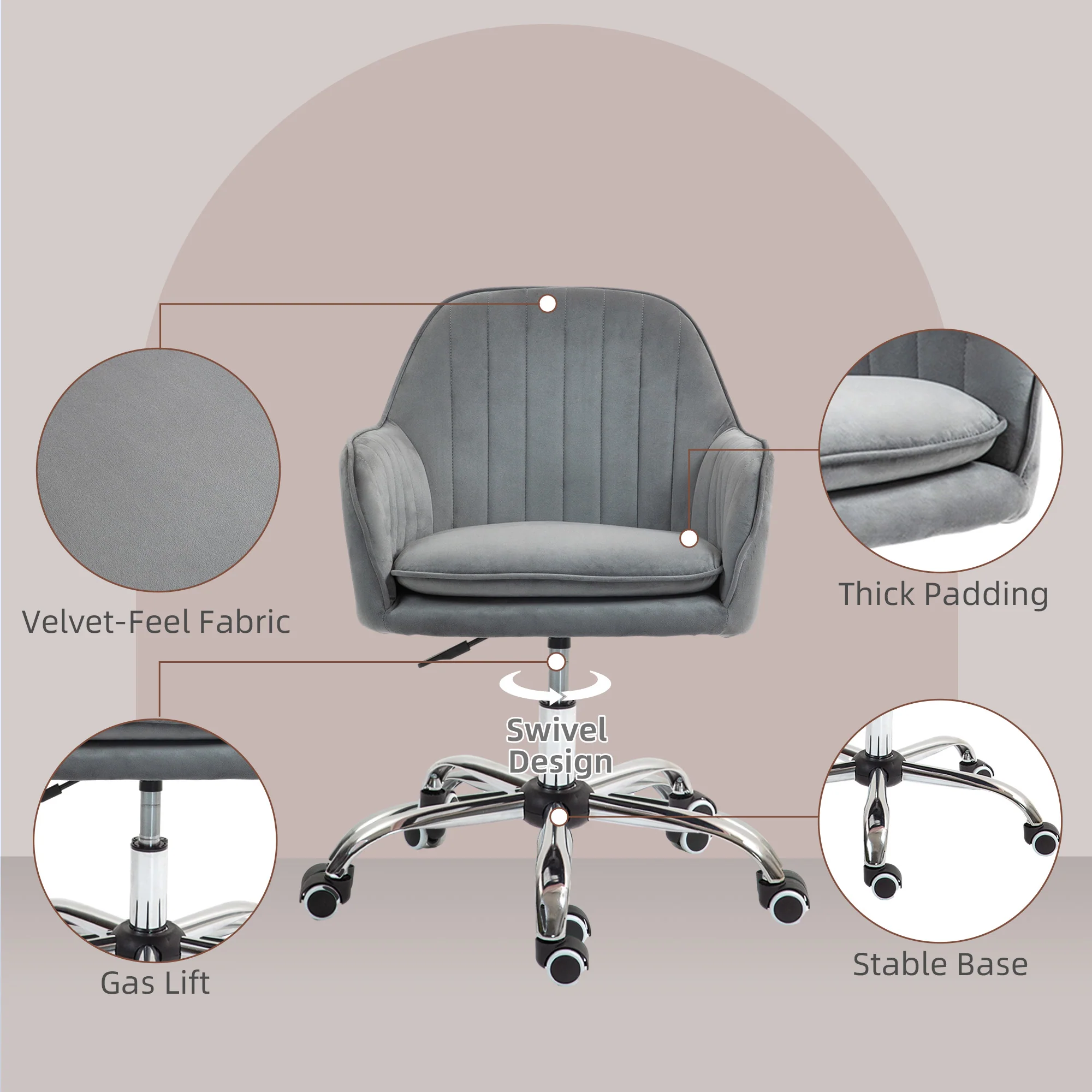 HOMCOM Office Chair, Swivel Desk Chair W/ Adjustable Height - Grey/Pink - Image 13