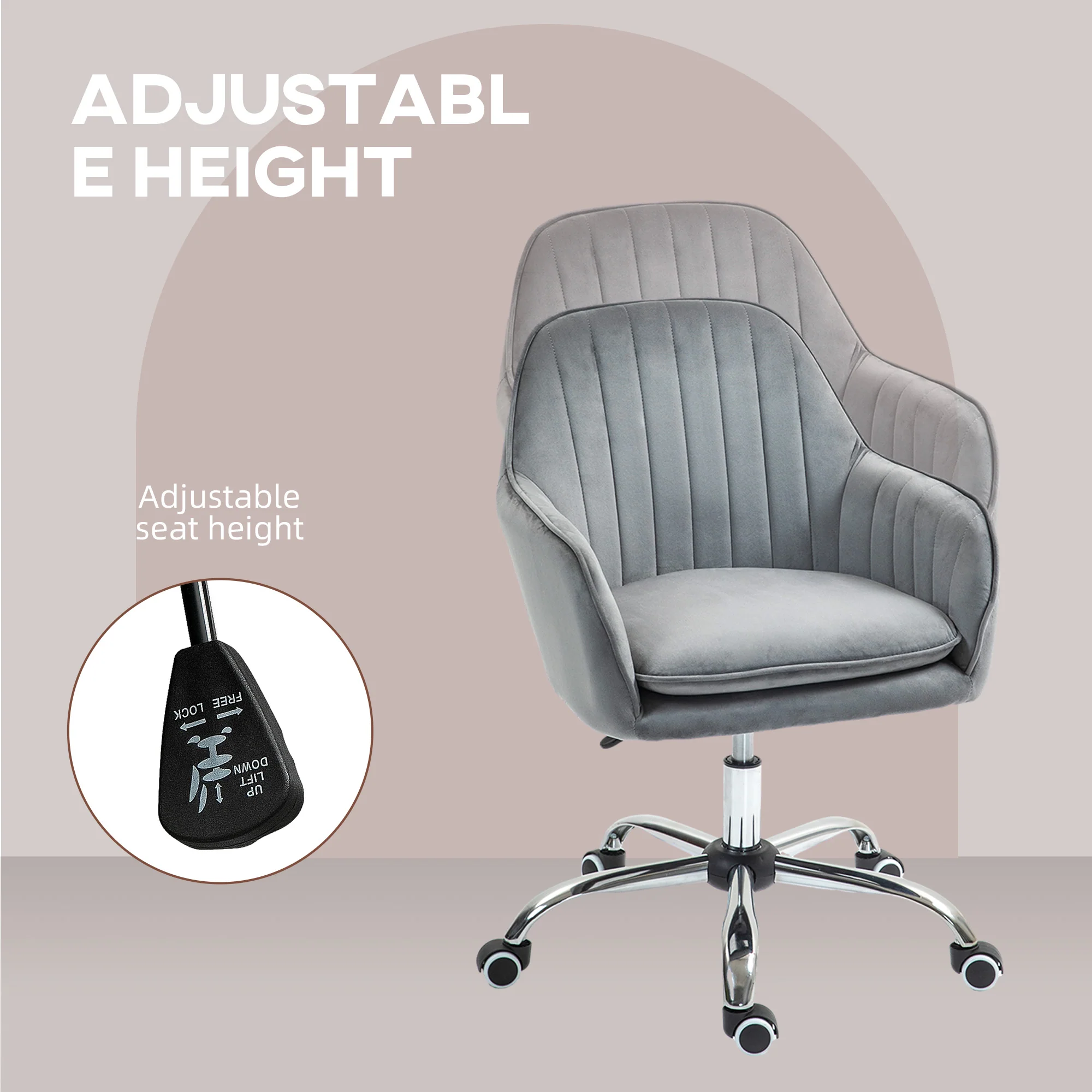 HOMCOM Office Chair, Swivel Desk Chair W/ Adjustable Height - Grey/Pink - Image 15