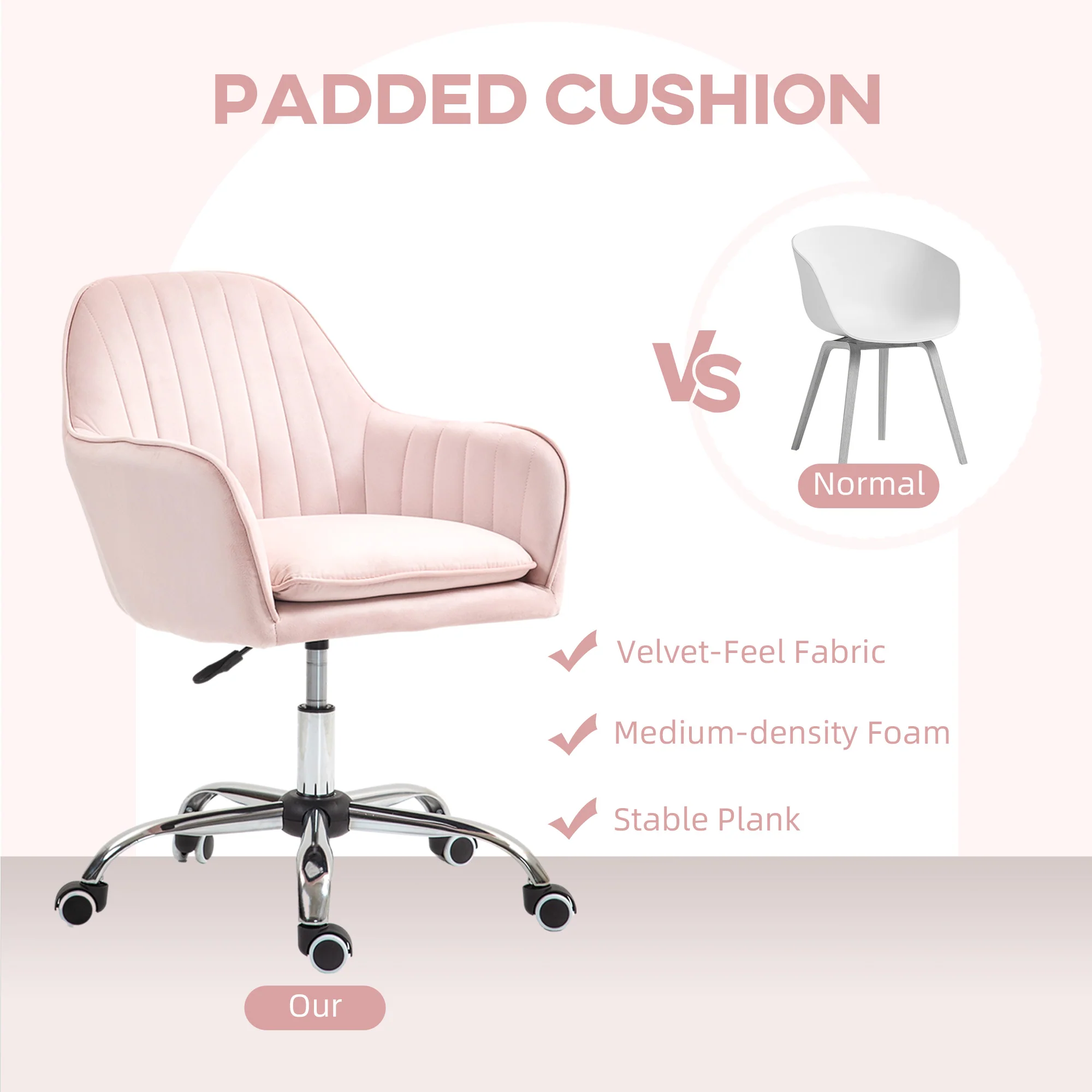 HOMCOM Office Chair, Swivel Desk Chair W/ Adjustable Height - Grey/Pink - Image 3