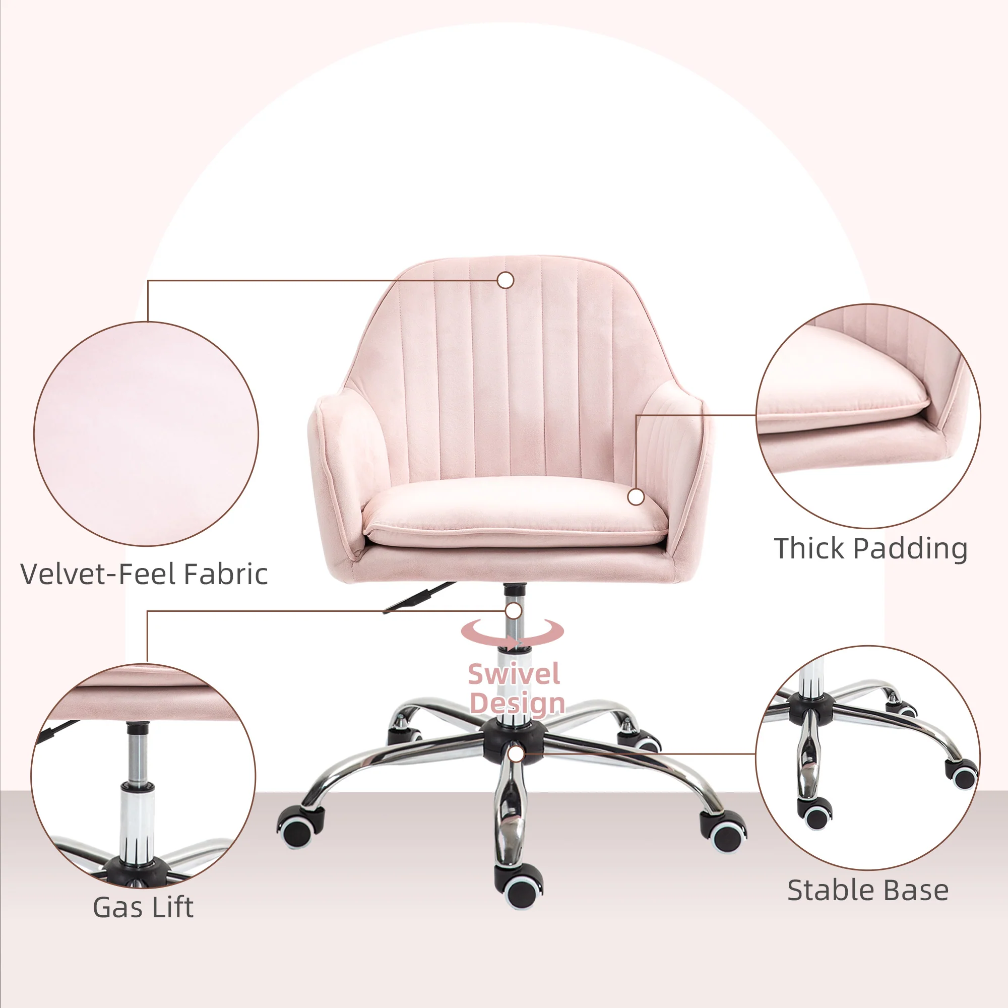 HOMCOM Office Chair, Swivel Desk Chair W/ Adjustable Height - Grey/Pink - Image 4