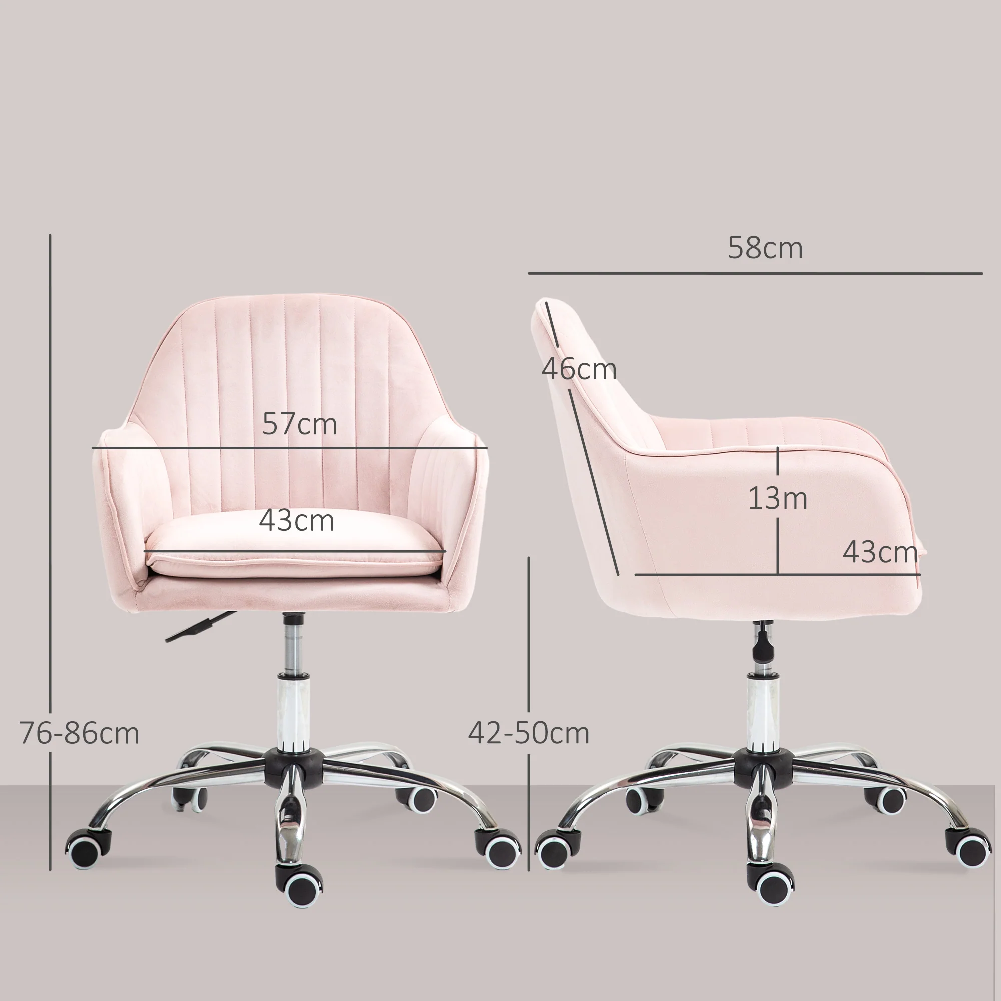 HOMCOM Office Chair, Swivel Desk Chair W/ Adjustable Height - Grey/Pink - Image 5