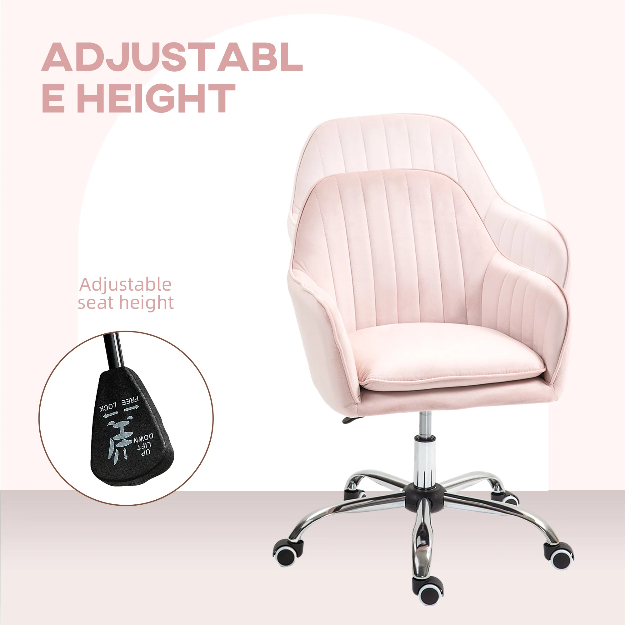 HOMCOM Office Chair, Swivel Desk Chair W/ Adjustable Height - Grey/Pink - Image 6