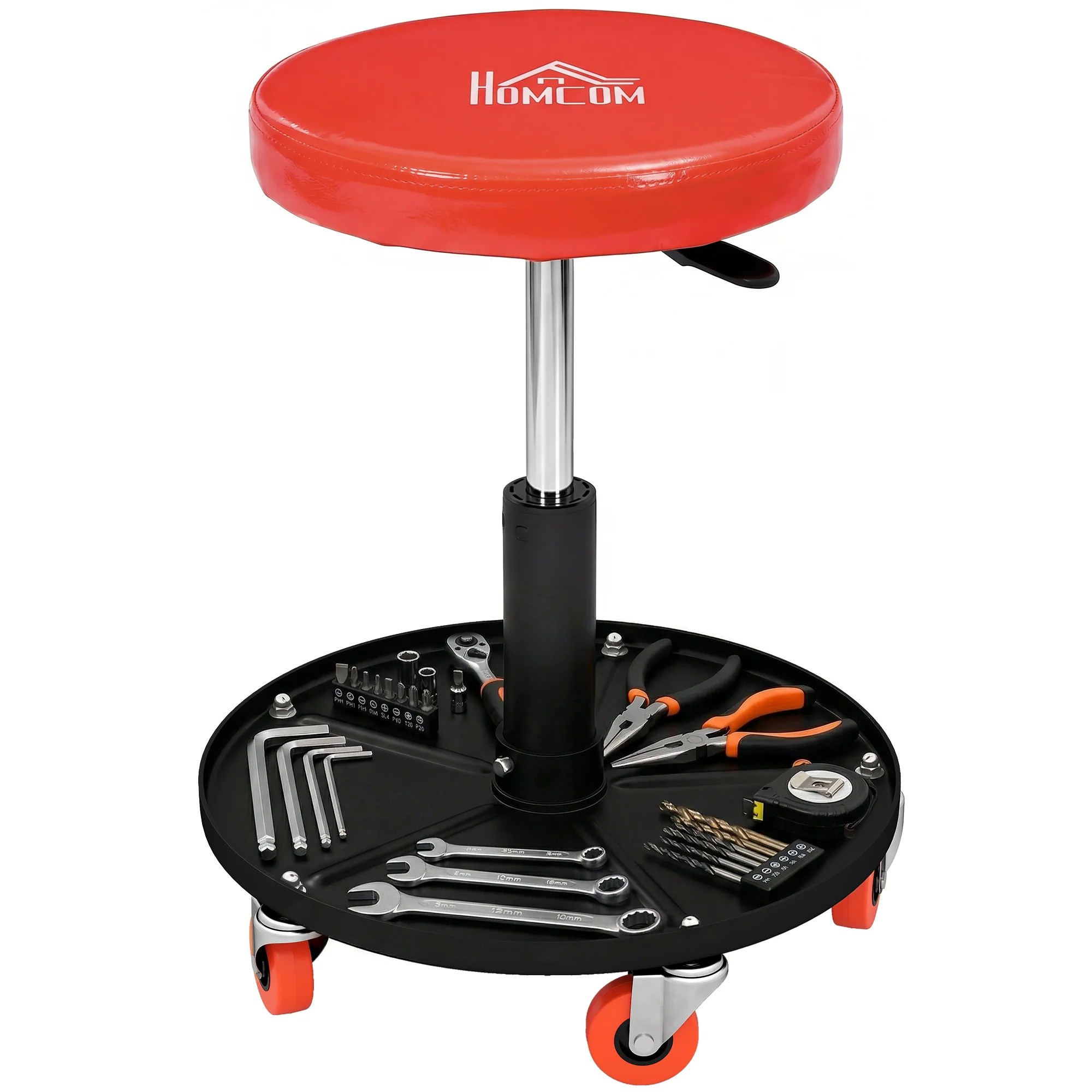HOMCOM Pneumatic Adjustable Mechanic Stool W/ Tool Tray, Wheels