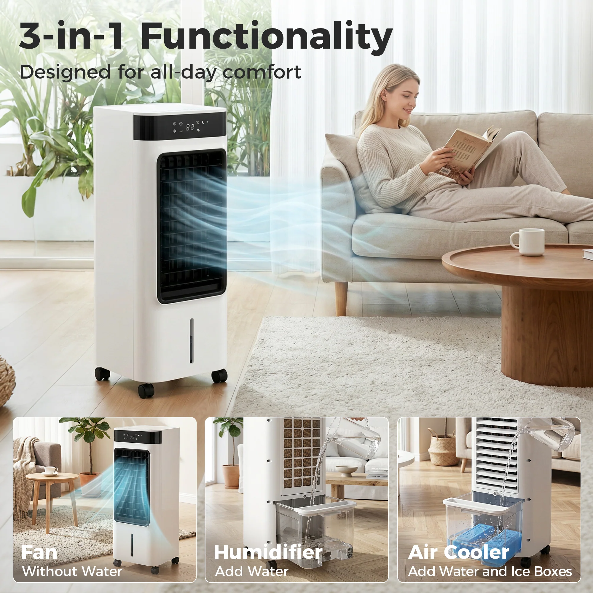 HOMCOM Portable Air Cooler, 3-In-1 Evaporative Air Cooler With 7L Water Tank - Image 3