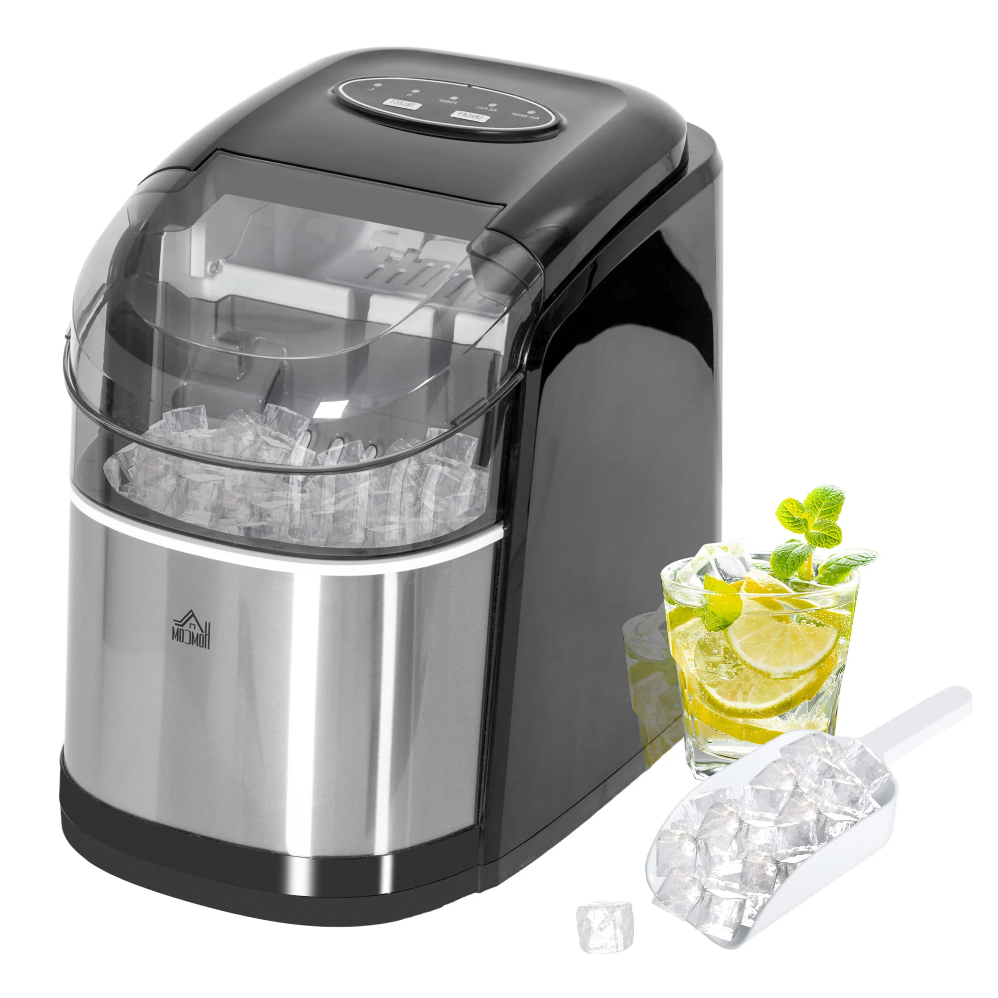 HOMCOM Portable Ice Cube Maker W/ 2 Cube Sizes 12Kg/24 Hrs, 9 Cubes/ 6-12Mins