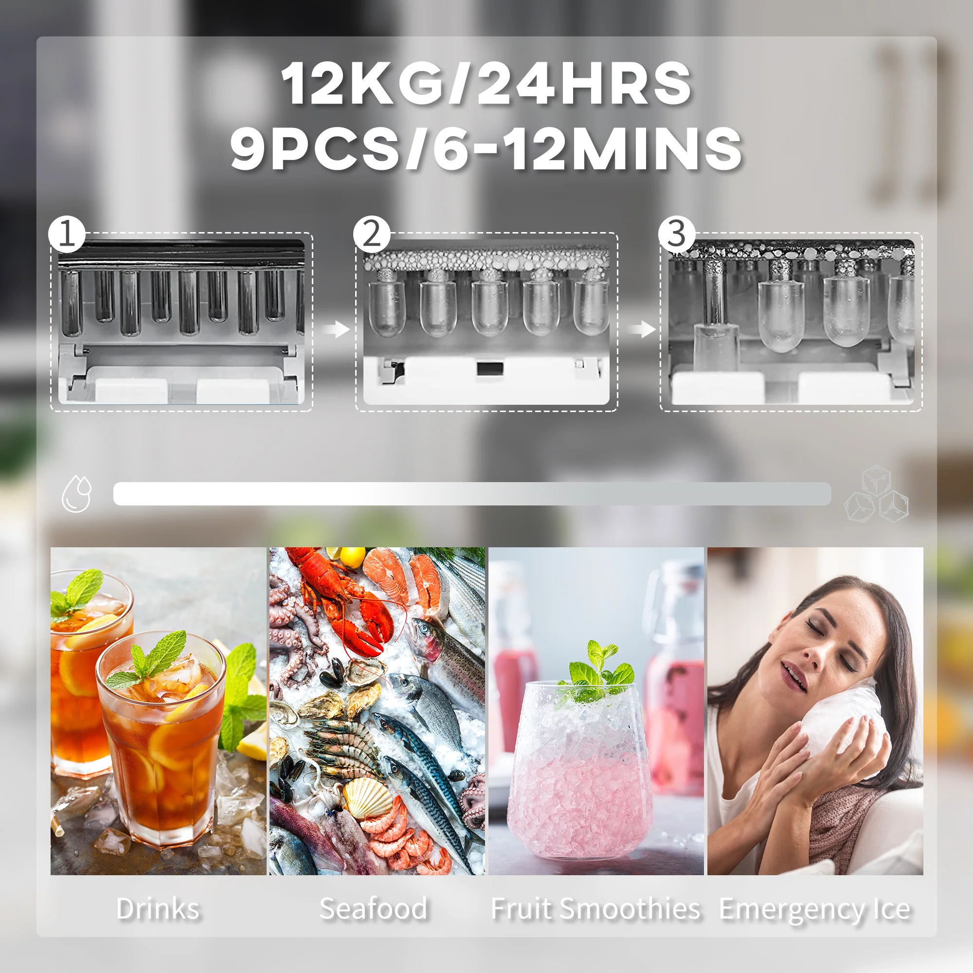 HOMCOM Portable Ice Cube Maker W/ 2 Cube Sizes 12Kg/24 Hrs, 9 Cubes/ 6-12Mins - Image 3